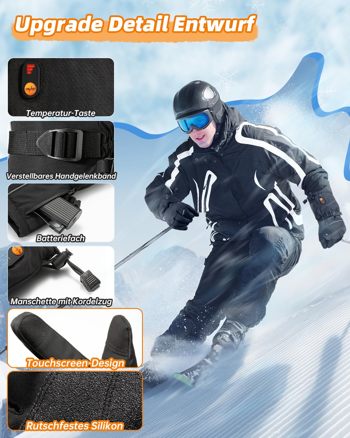 Heated Gloves for Men and Women, Electric Heated Gloves with 3000 mAh x 2 7.4 V Rechargeable Batteries, 3 Adjustable Temperatures, Waterproof Touchscreen Heating Gloves