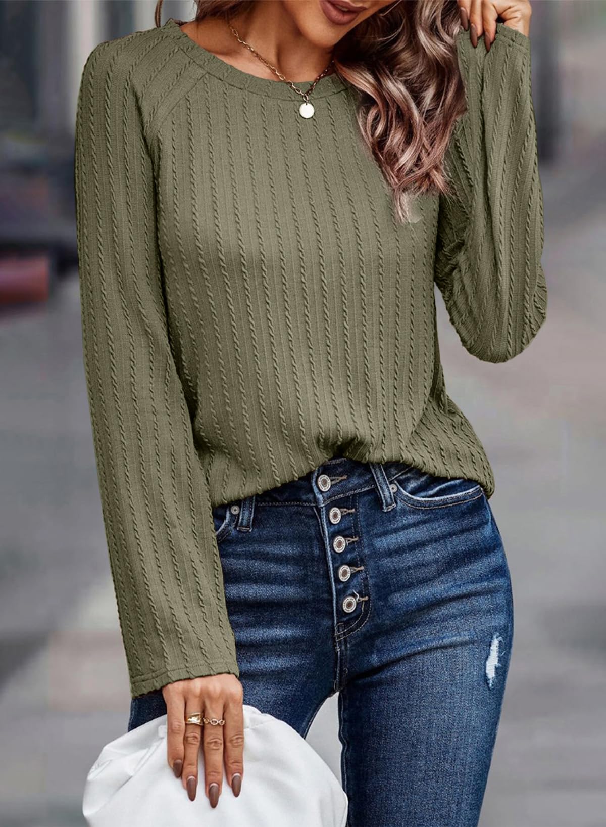 Dokotoo Langarmshirt Damen Rundhals Strickmuster T-Shirt Basic Longsleeve Shirts Herbst Winter Leichte Lässige Oberteile Tunika Pullover S-XXL