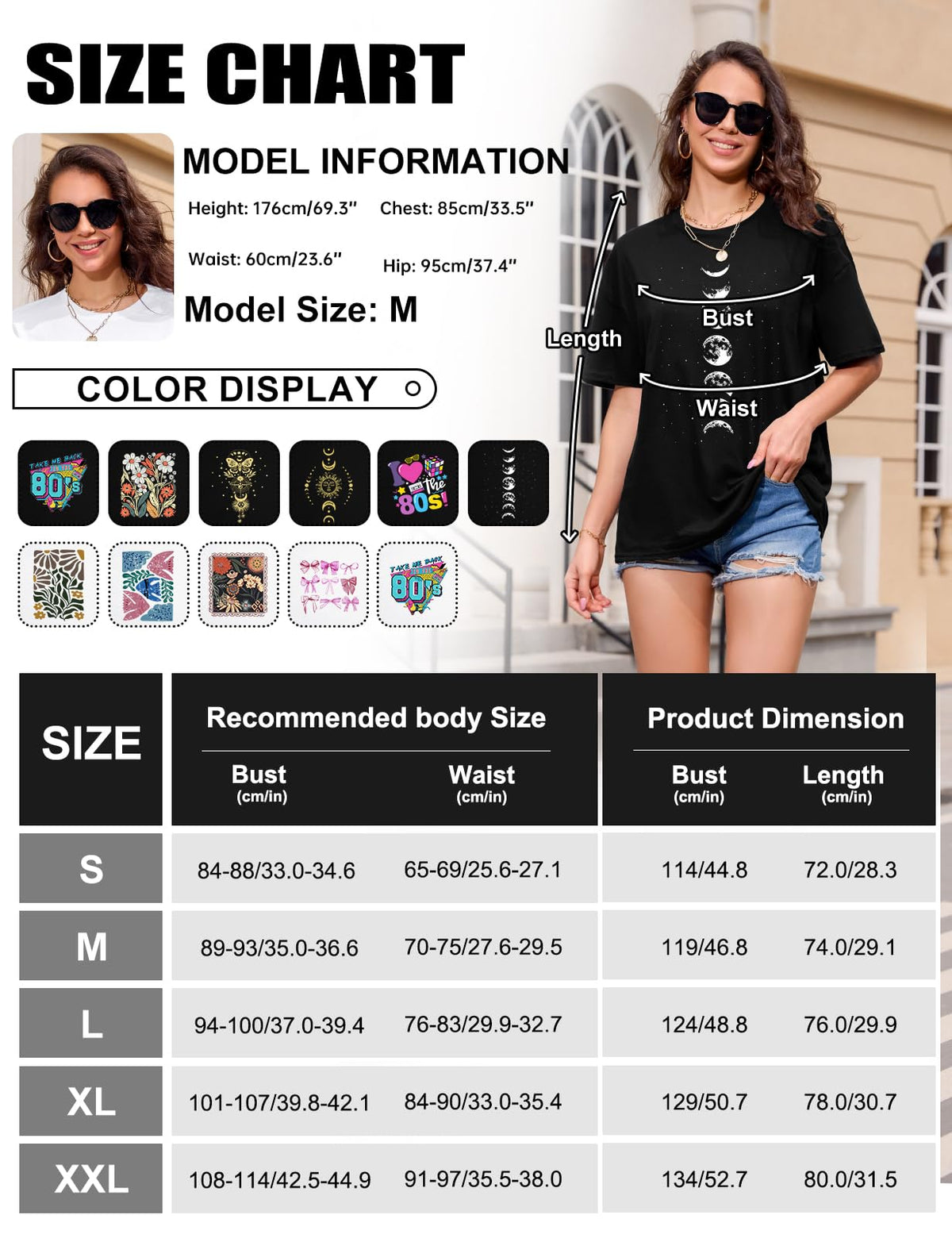 Lonya T Shirt Damen Oversized Vintage Rundhals Kurzarm 80er Jahre Brief Gedruckt Schleife Blumen Sonne Mond Muster Sommer Bluse Baumwolle Oberteile Tops Retro 80s Casual Lockere Basic Tee Shirt