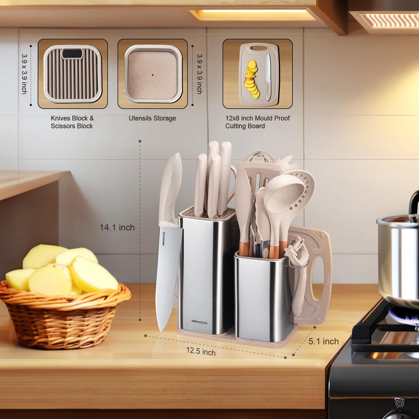 RAXCO Küchenmessersets Mit block,18 Teiligs Küchenutensilien Mit 5 Teiligs Messersets und 7 Teiligs Silikon Pfannenwender,Küchenhelfer sets, Schwarz