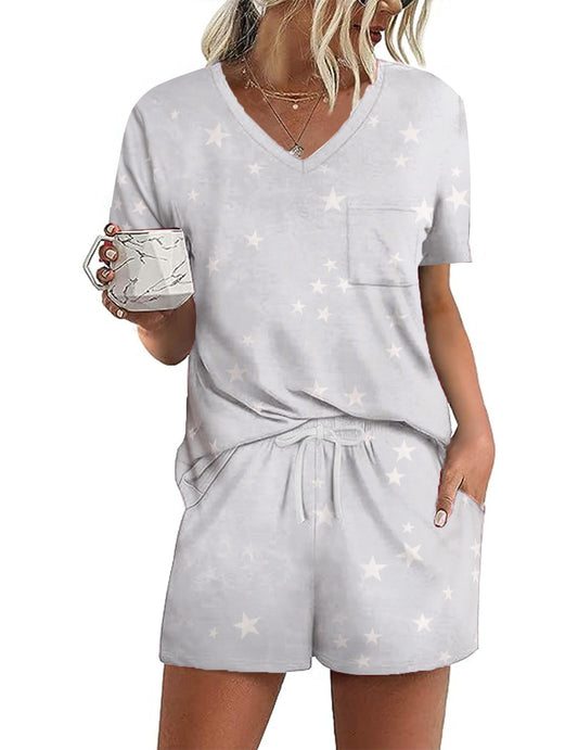 Ekouaer Schlafanzug Damen Kurz Pyjama Set Kurzarm Sommer Nachtwäsche Gedruckt with Taschen S-XXL