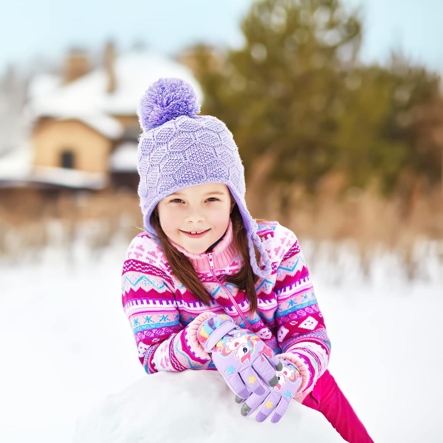 Children's Winter Ski Gloves Waterproof Snowboard Gloves Non-Slip Plush Lined Warm Unicorn Gloves for Girls Boys 2-9 Years Old