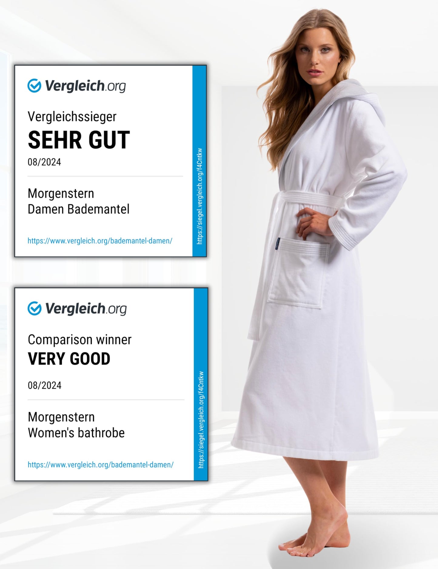 Morgenstern Bademantel Damen 100% Baumwolle mit Kapuze Frottee-Velours OEKO-TEX Leonie