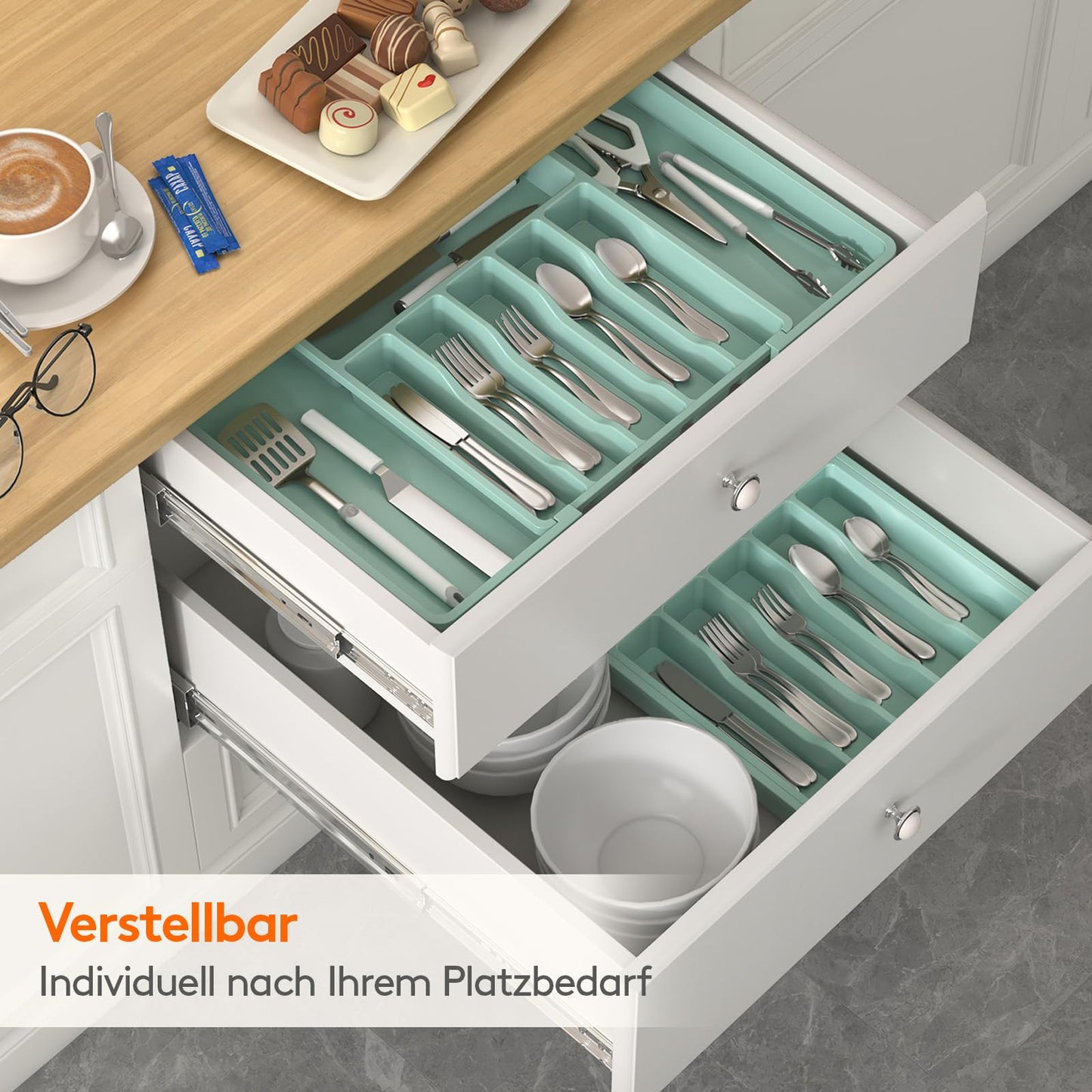 Lifewit Besteckkasten für Schubladen,verstellbarer Besteckhalter Utensilienhalter für Küchenschubladen, Schubladeneinsatz Besteckeinsatz für Küche Organizer aus Kunststoff für Löffel,Gabeln, Schwarz