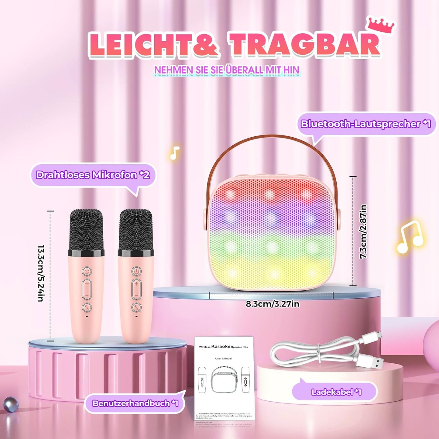 Karaoke Machine with 2 Bluetooth Microphones, Children's Unicorn Christmas Gifts Toy for Girls 3-12 Years, Portable Karaoke Microphone Set with DSP and LED Lights