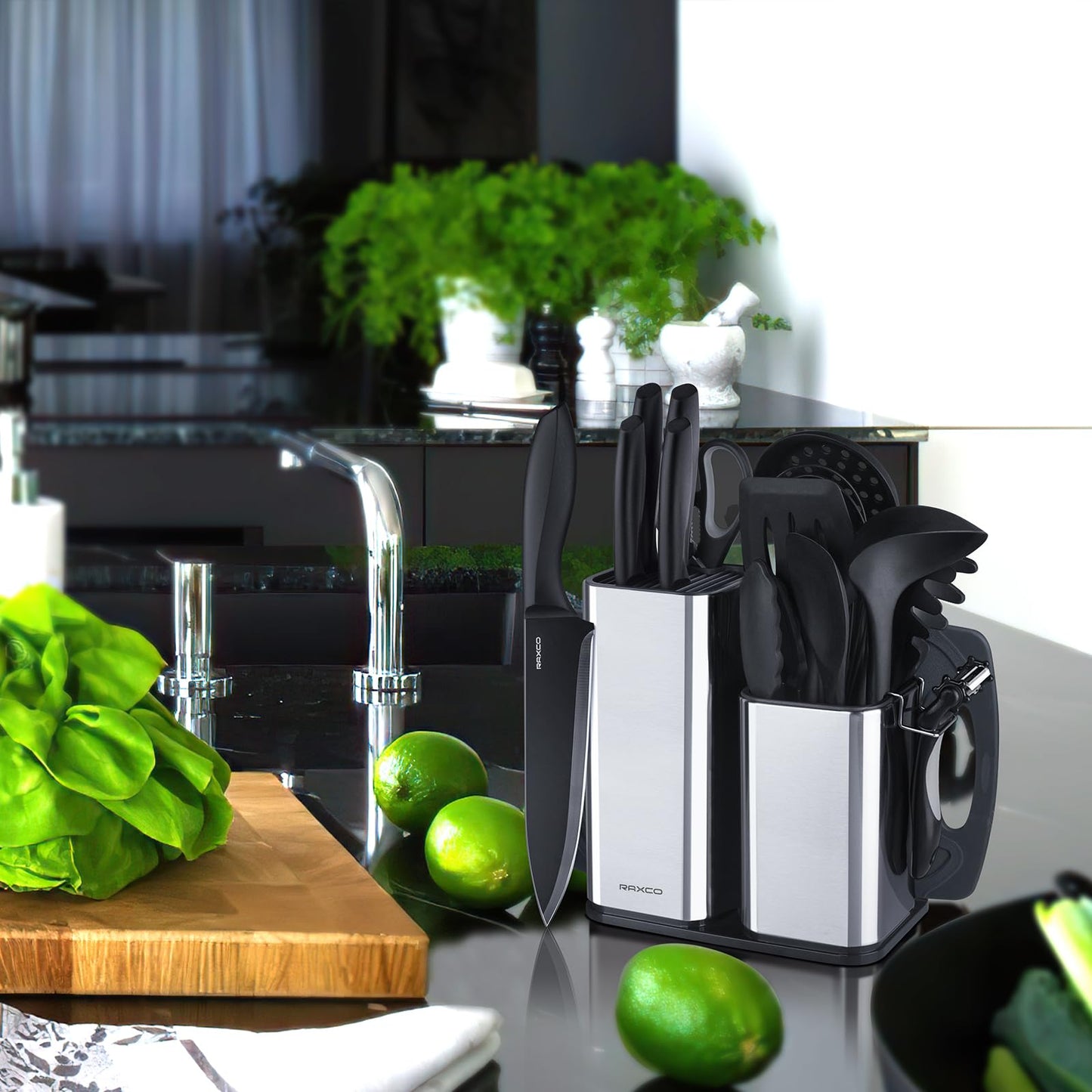 RAXCO Küchenmessersets Mit block,18 Teiligs Küchenutensilien Mit 5 Teiligs Messersets und 7 Teiligs Silikon Pfannenwender,Küchenhelfer sets, Schwarz