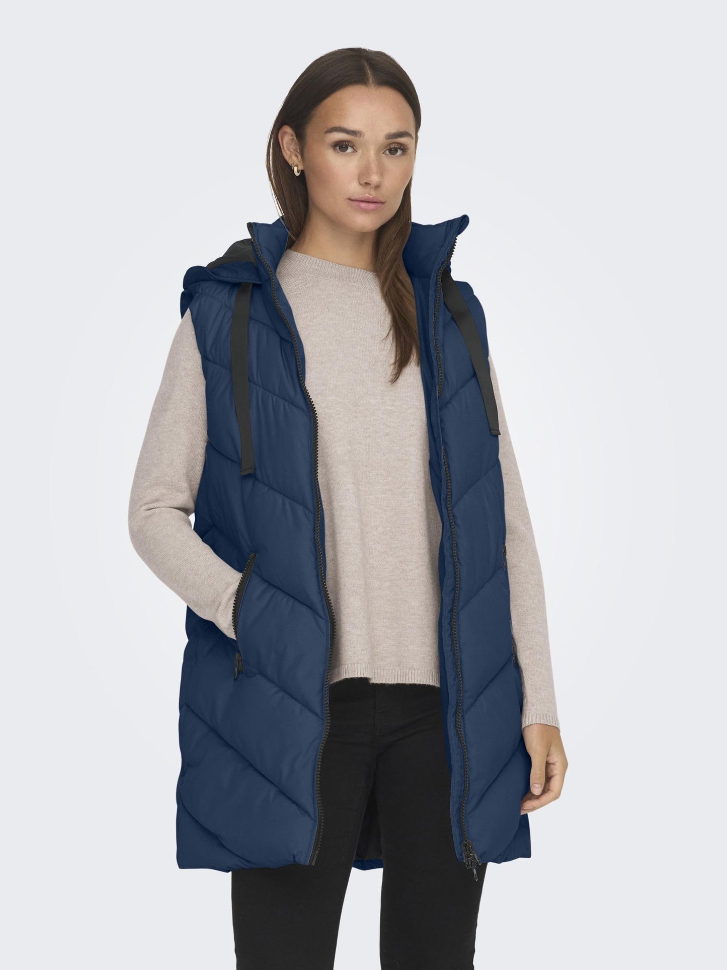 JDY JDYSkylar Women's 3/4 Length Quilted Vest Padded Hood Waistcoat with Hood