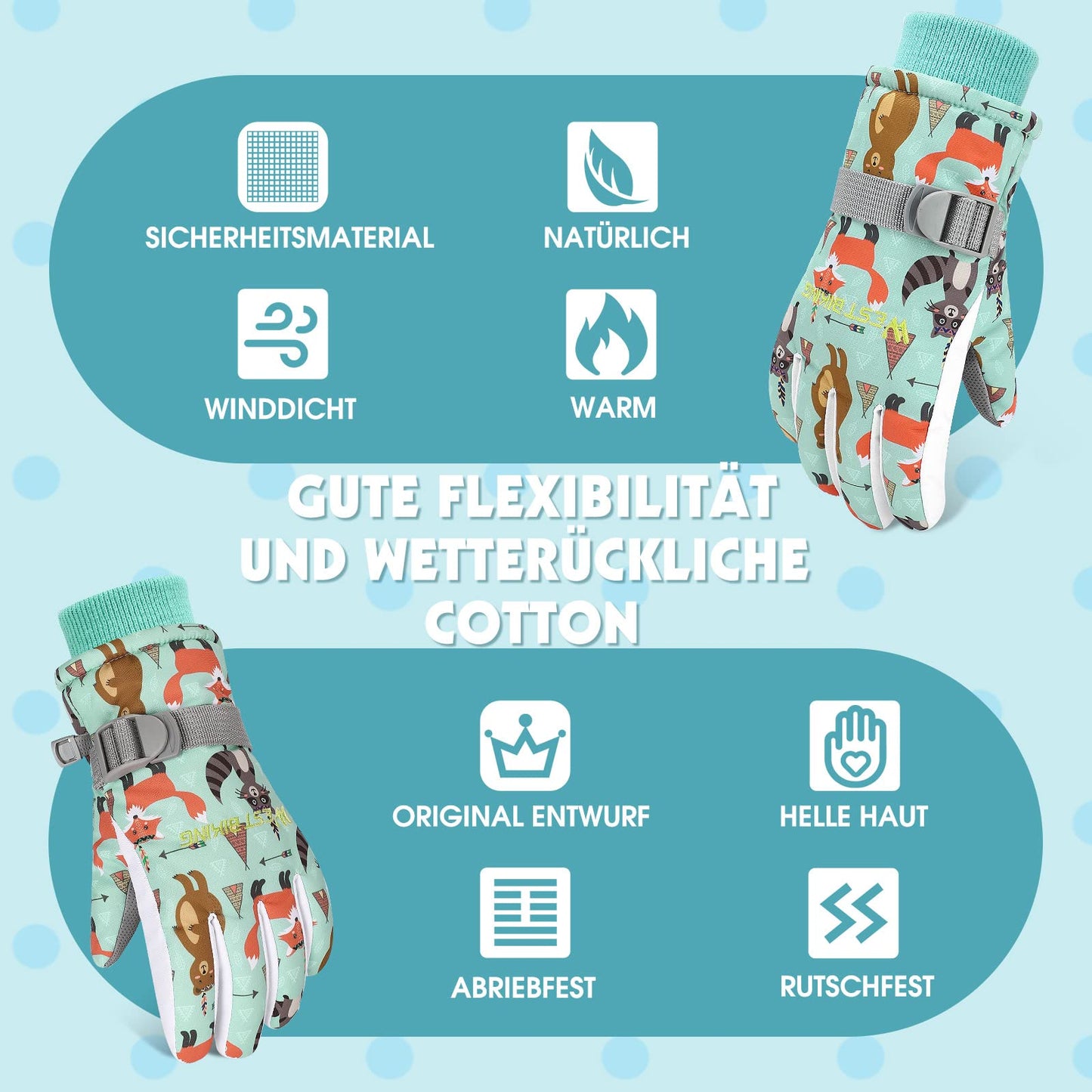 WESTGIRL Children’s Winter Gloves, Windproof, Warm Ski Gloves, Thermal Fleece, Water-Repellent Cartoon Snow Gloves, Outdoor Gloves for Snowboarding, Cycling, for Boys and Girls Aged 3–12 Years