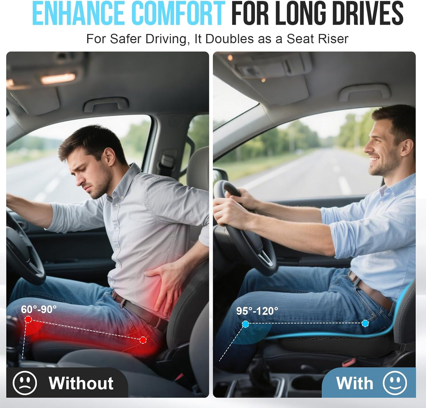 Autositzkissen fürs Fahren – Ergonomisches Keilkissen aus Memory-Schaum mit rutschfester Unterseite & verstellbarem Gurt – Sitzerhöhung für Auto, LKW, Büro & Zuhause