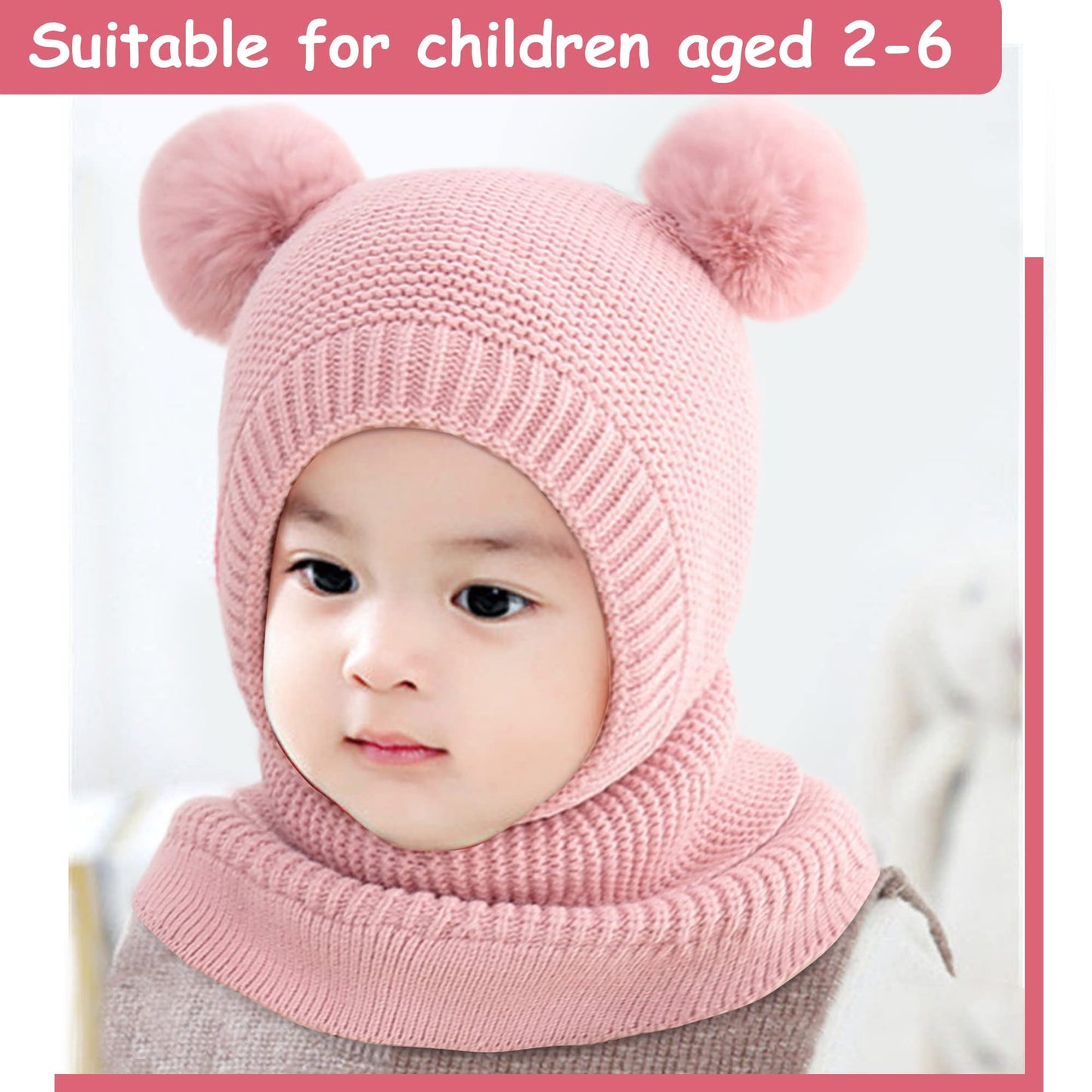 Children's Slip-On Hat Girls Boys Scarf Hat Fleece Lined Knitted Hat with Bobble Cute Winter Warm Beanie Hat Children's Hat Bobble Hat Loop Scarves for Toddlers Children 2-6 Years Old