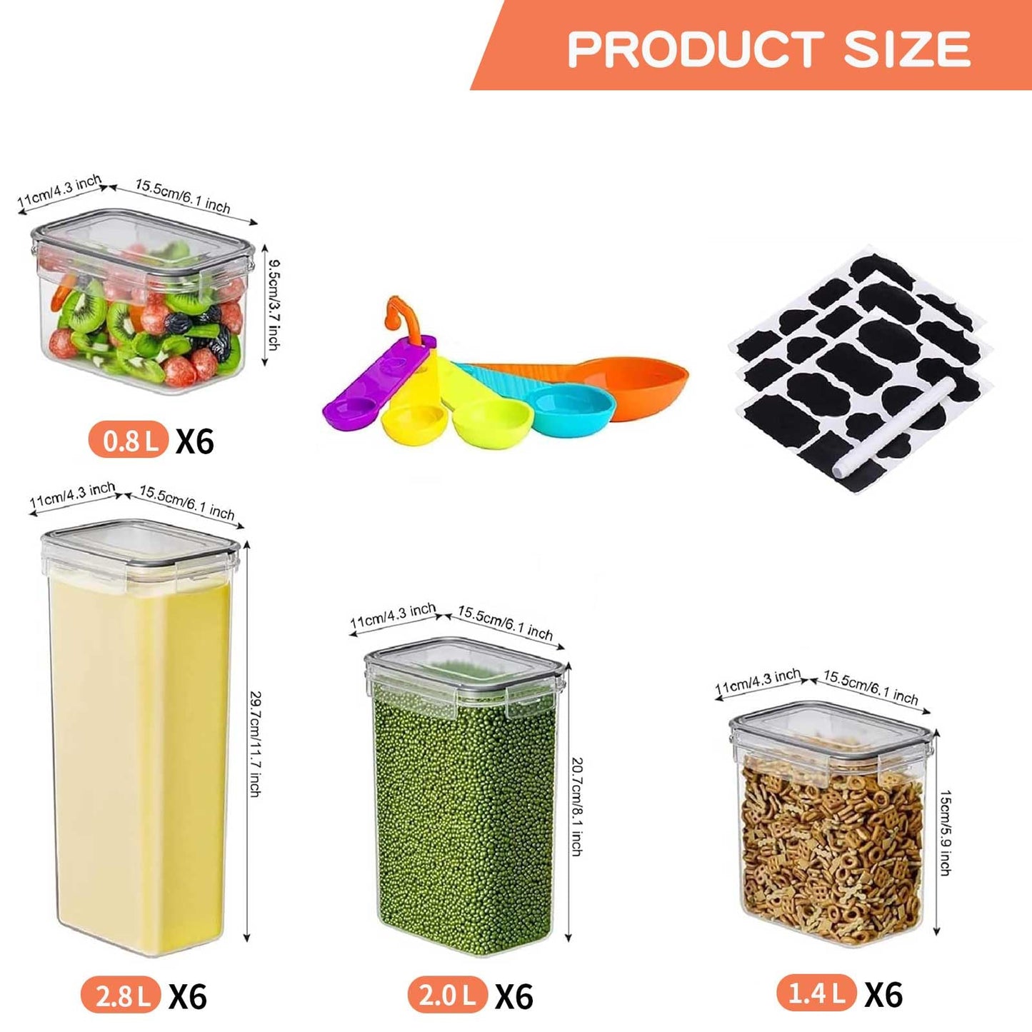 stusgo 24 Airtight Food Storage Containers with Lids Plastic Containers for Kitchen and Organization Cereal Flour and Sugar BPA Free Includes Spoon, Labels and a Pen