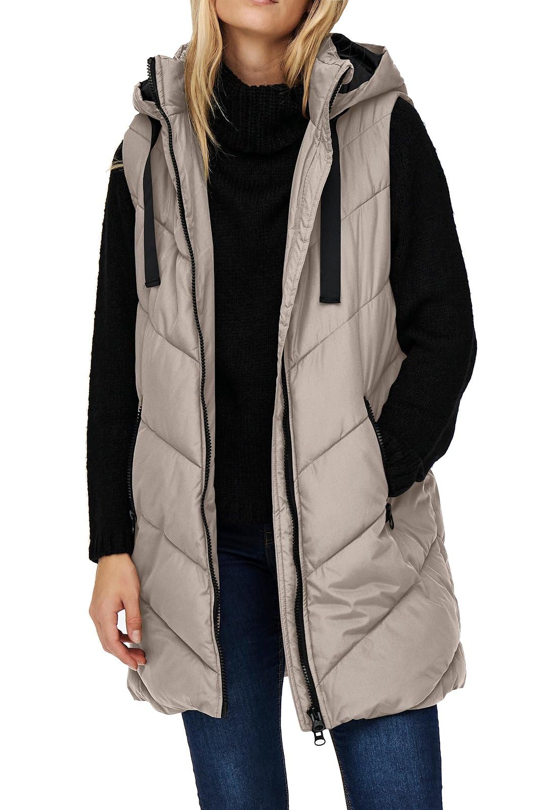 JDY JDYSkylar Women's 3/4 Length Quilted Vest Padded Hood Waistcoat with Hood