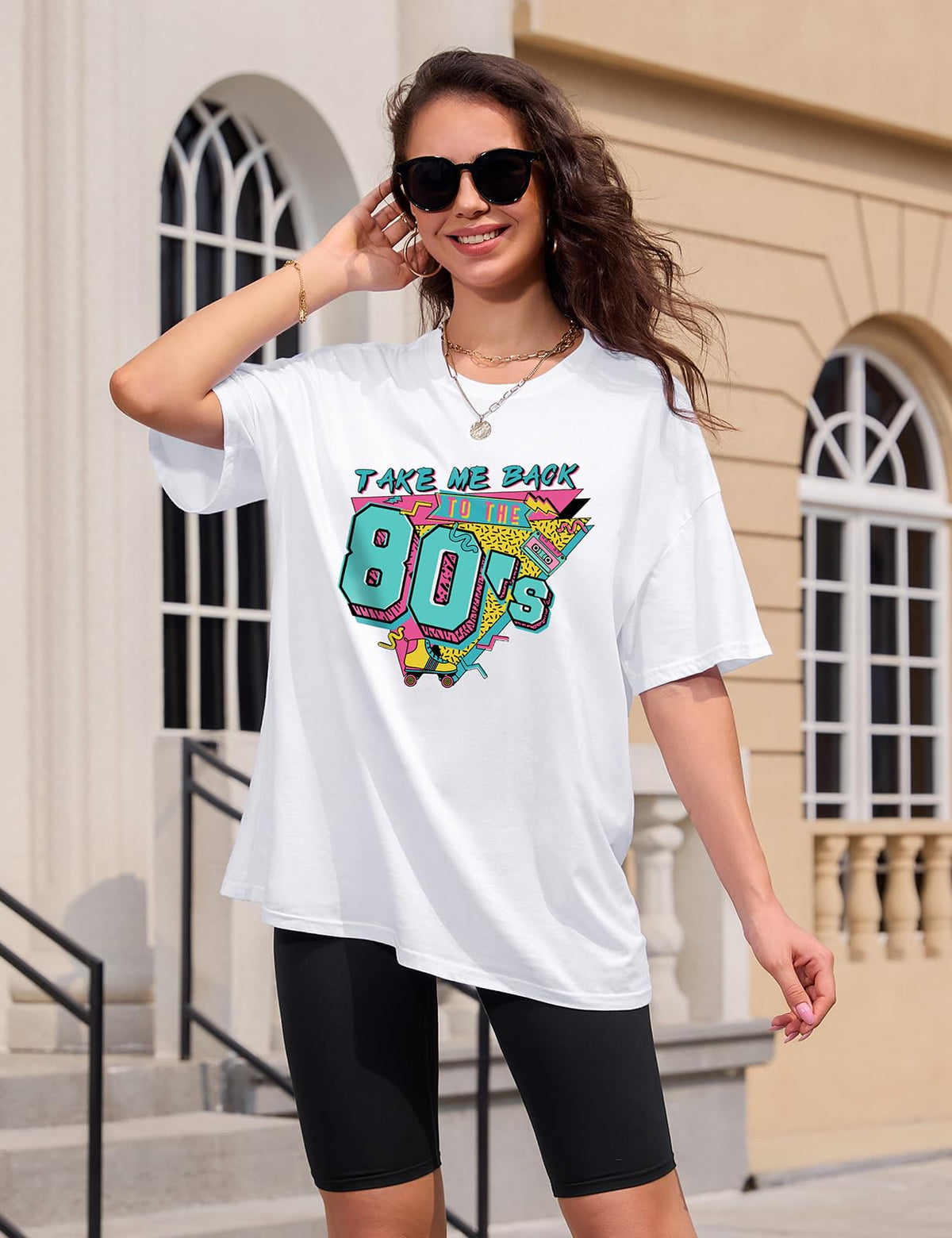 Lonya T Shirt Damen Oversized Vintage Rundhals Kurzarm 80er Jahre Brief Gedruckt Schleife Blumen Sonne Mond Muster Sommer Bluse Baumwolle Oberteile Tops Retro 80s Casual Lockere Basic Tee Shirt