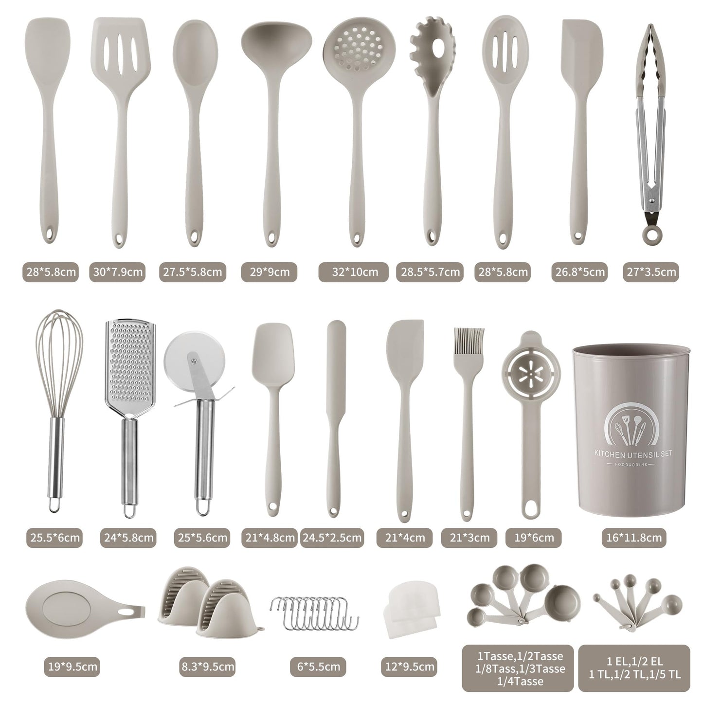 Küchenhelfer Set, 43 teiliges Küchenutensilien Set. Kochlöffel Set Silikon, Hochtemperaturbeständig und antihaftbeschichtet. Küchenutensilien beige mit Vorratsbehälter S Haken, spülmaschinenfest