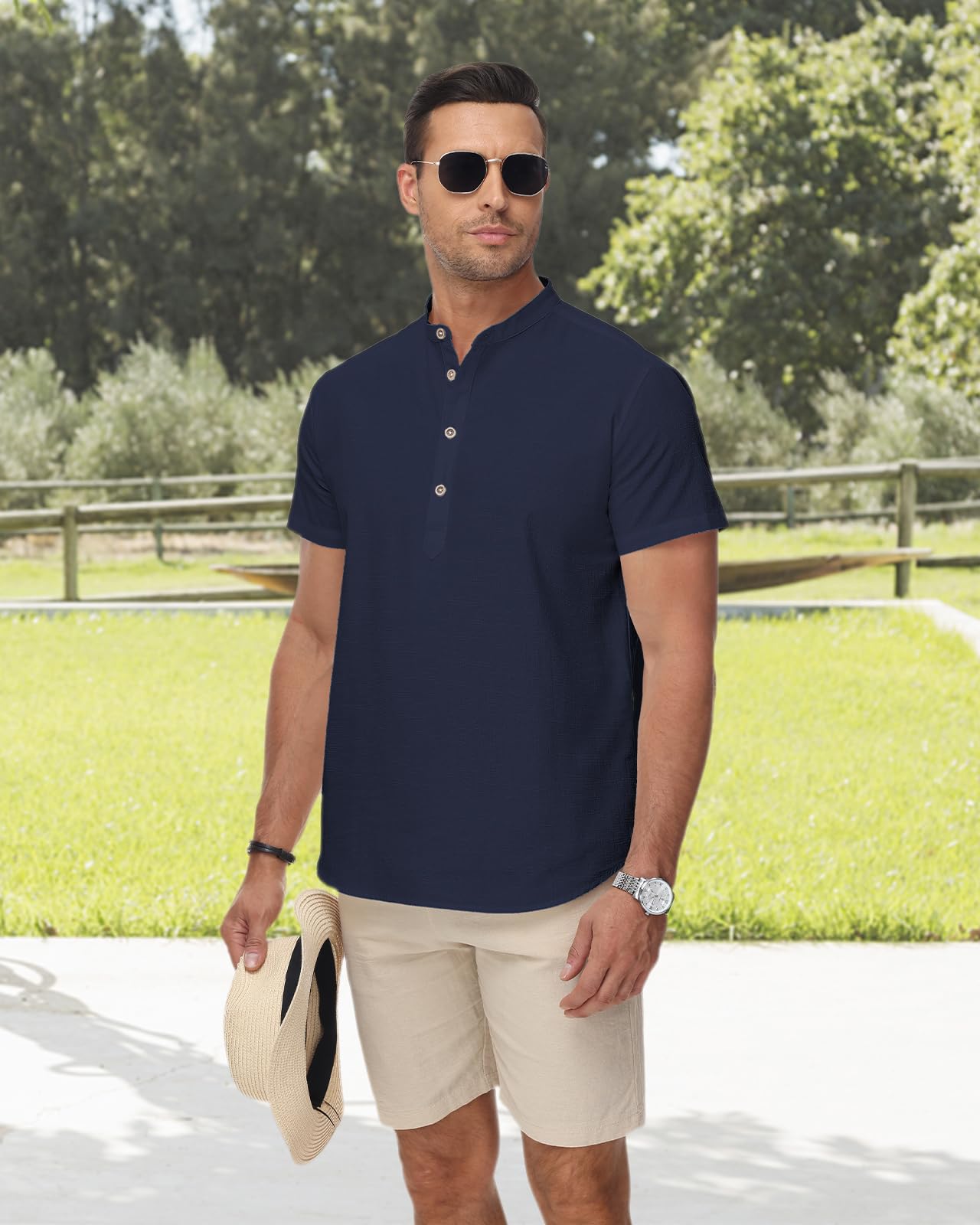 HMIYA Herren Sommerhemd Baumwolle Leinen Kurzarm Hemd Herren Henley-Kragen Lässiges Regular Fit Shirts