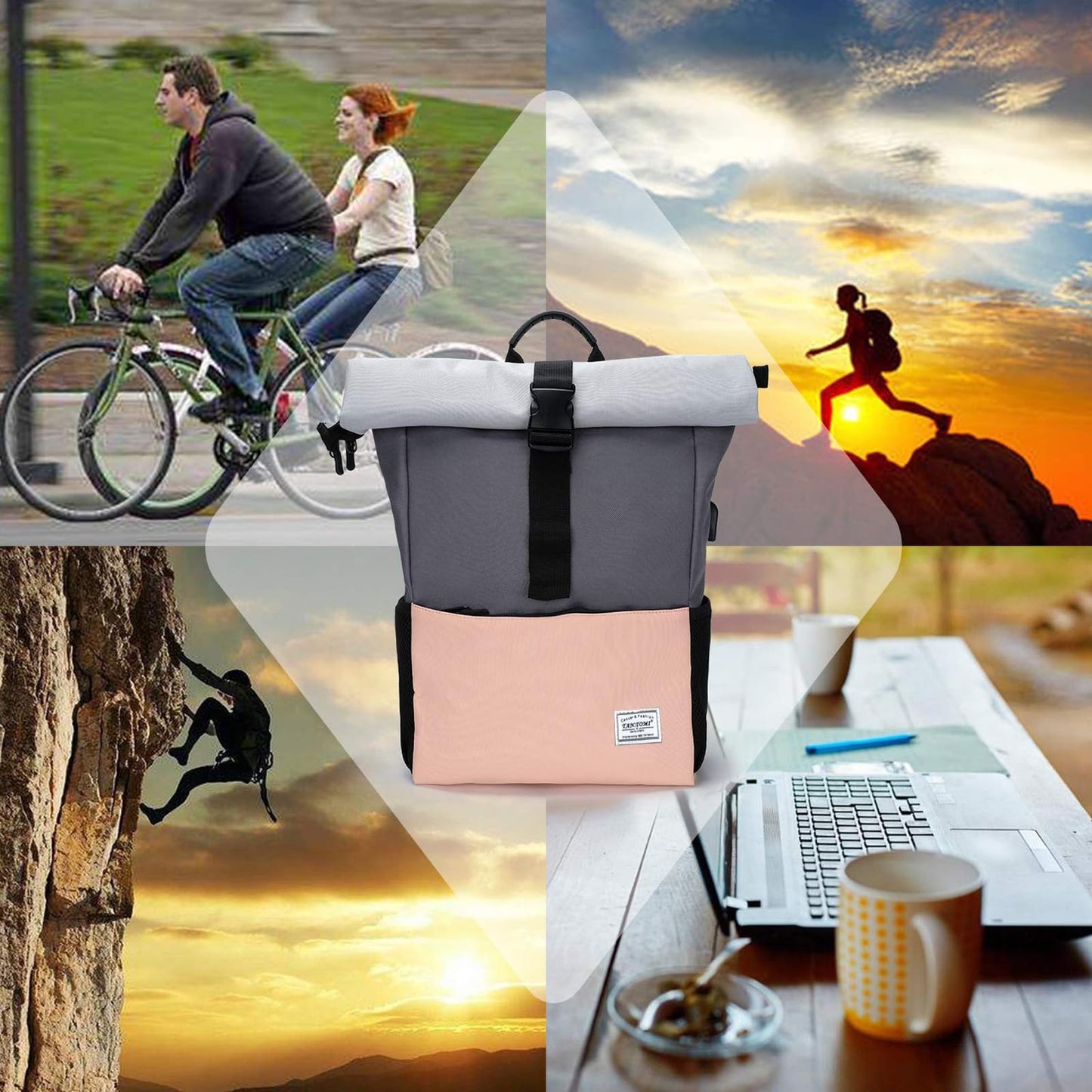 MoFut Rucksack Damen Groß Rucksack Herren Groß Schulrucksack viele Fächer mit 15,6" Laptopfach, Unisex Rolltop Rucksack Wasserdicht, Lässiger Backpack Schule Freizeit Uni Arbeit Wandern.