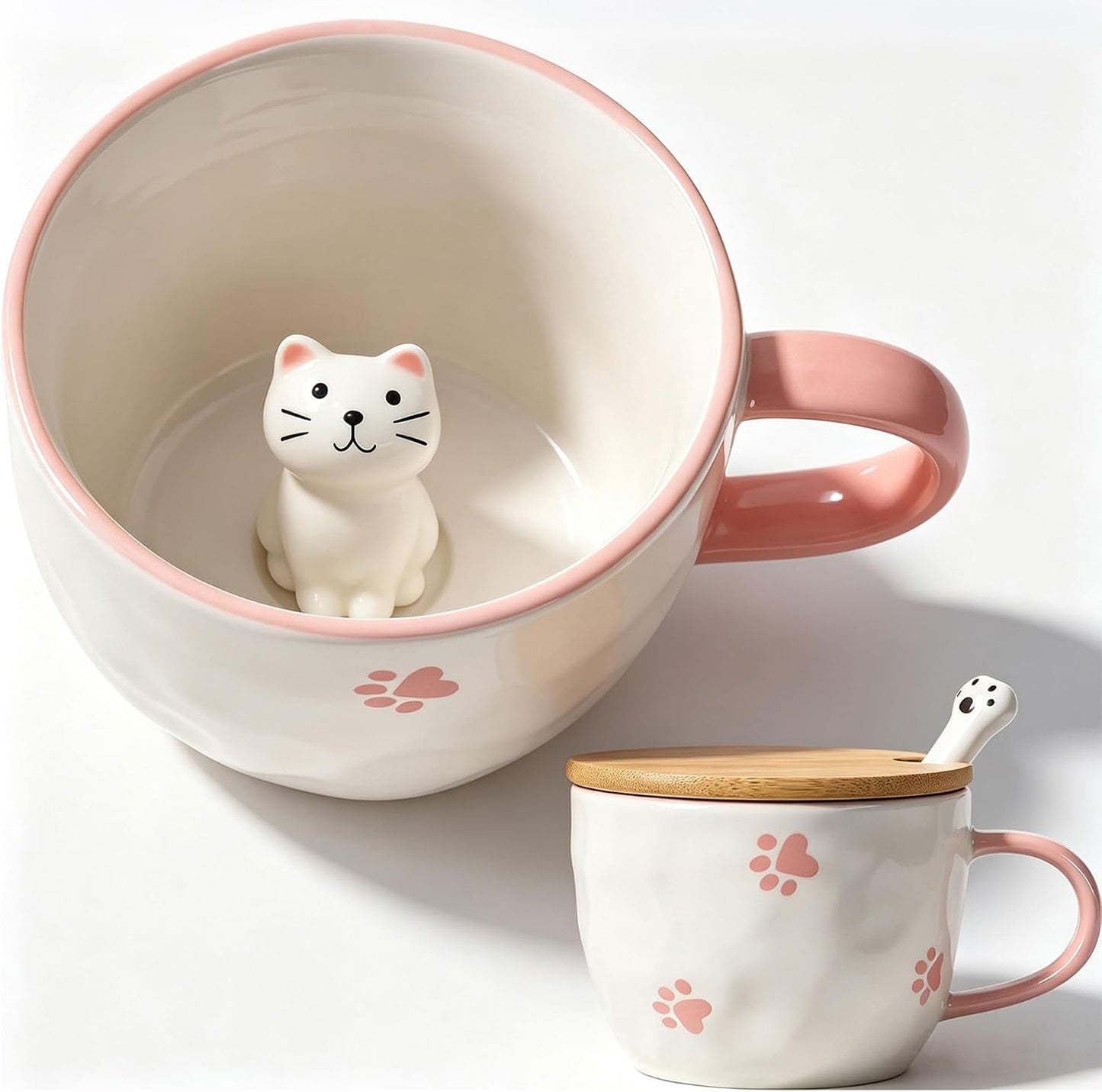BigNoseDeer Süße Sachen Keramik Katze Kaffeetasse Teetasse Deckel Löffel Lustige Tassen Geschenke für Frauen Kaffeebecher 3D Tasse Personalisiert Cappuccino Tasse Beste Freundin Weihnachten Geschenk