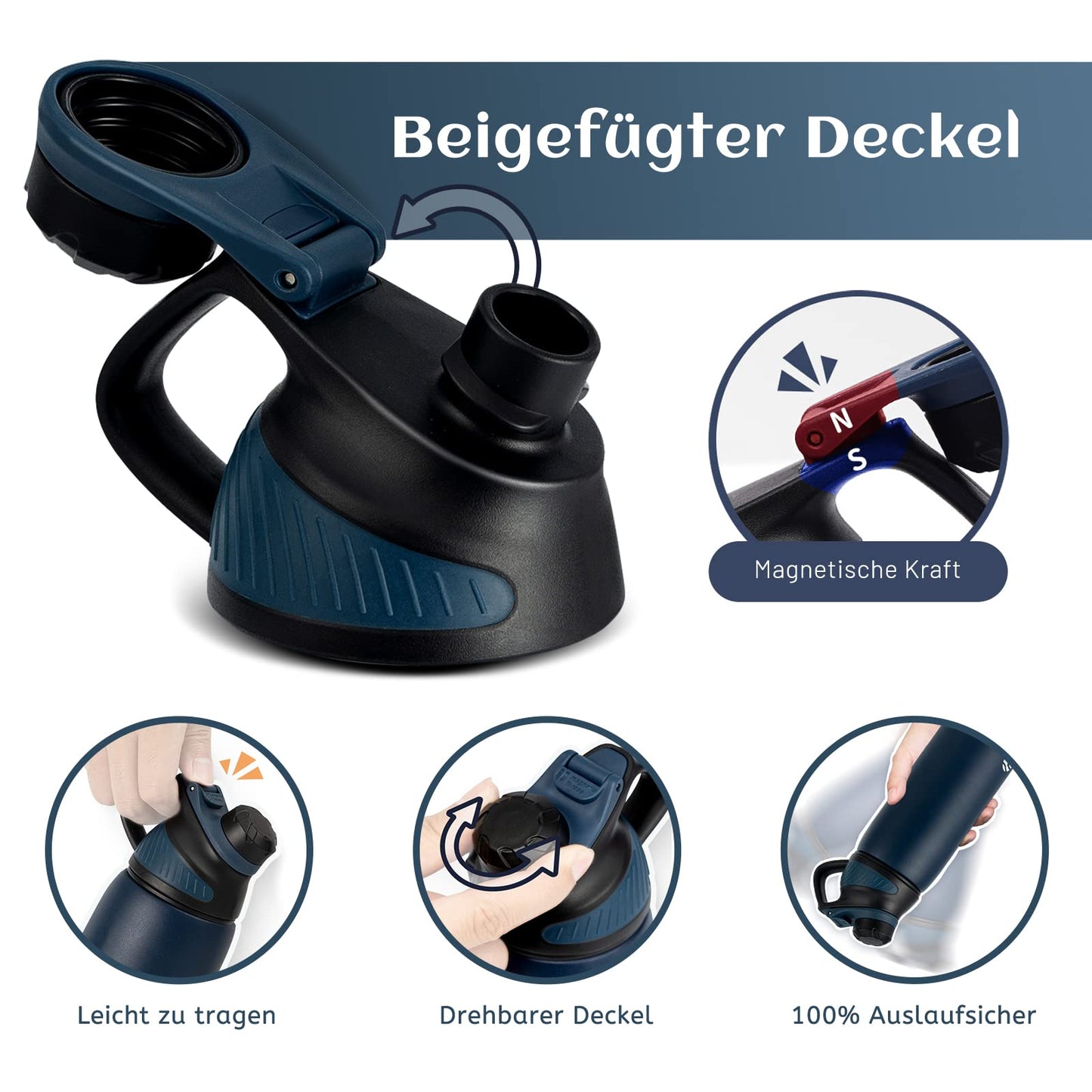 Fjbottle Edelstahl Trinkflasche Sport mit Magnetischem Deckel 1L, 800ml, 600ml, 400ml BPA-Frei Auslaufsichere Kinder Flasche - Kohlensäure geeignet 1500ML Wasserflasche Thermo für Schule, Fitness