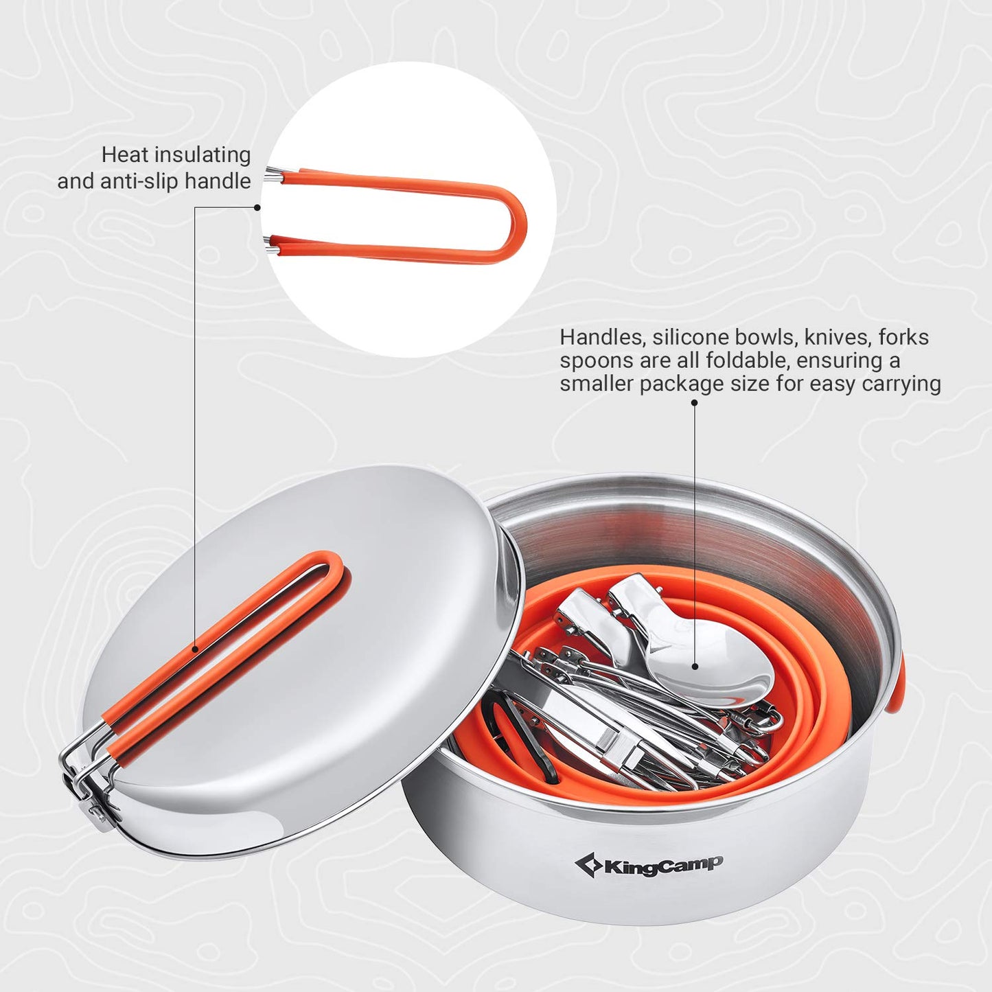 KingCamp Camping Geschirr Set 2-4 Personen I Camping Kochgeschirr aus Edelstahl I Camping Töpfe mit Faltbare Besteck I Ultraleicht Camping Topf Pfanne Set für Campingkocher