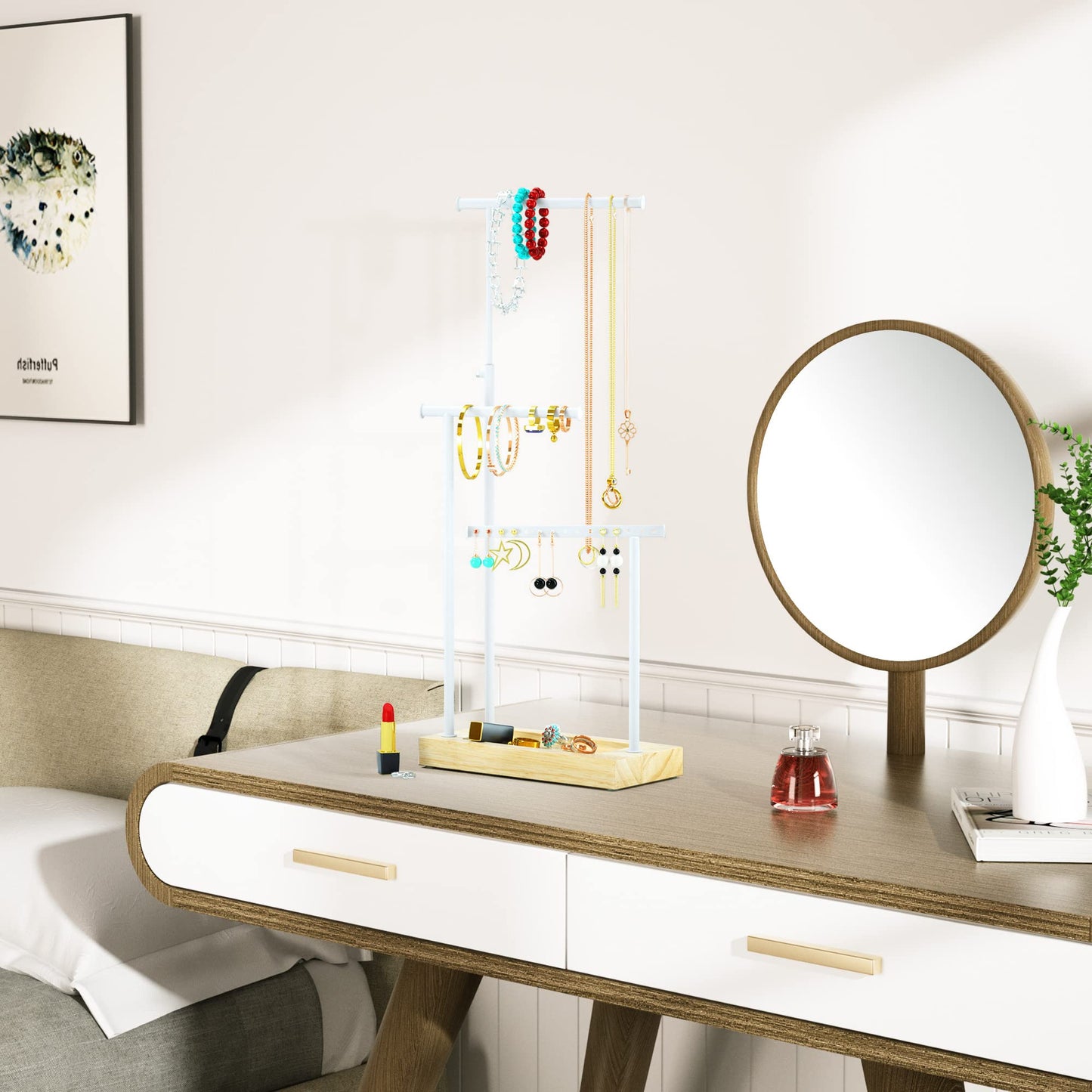 SRIWATANA Schmuckständer Holz Schmuckhalter Kettenhalter 3 Stäbe Drehbar (51cm) Schmuckbaum Schmuckaufbewahrung für Ketten Ohrringen Ringen Uhren und Armbändern