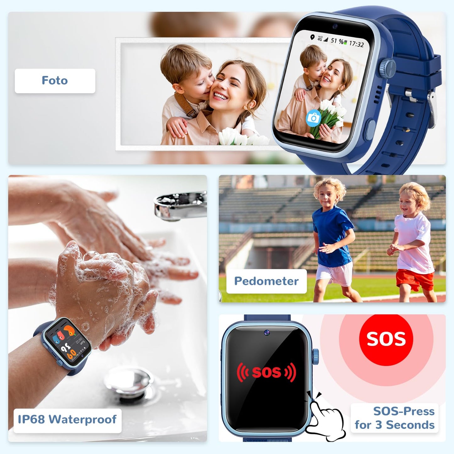 4G Children's Smartwatch with Video Call and Phone, IP68 Waterproof Children's Watch Voice Chat, WhatsApp, WiFi, GPS, SOS, SMS, School Mode, Pedometer, Sleep Alarm Clock, Children's Watch for Girls