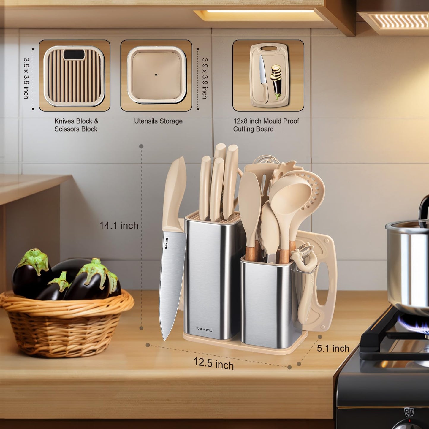 RAXCO Küchenmessersets Mit block,18 Teiligs Küchenutensilien Mit 5 Teiligs Messersets und 7 Teiligs Silikon Pfannenwender,Küchenhelfer sets, Schwarz