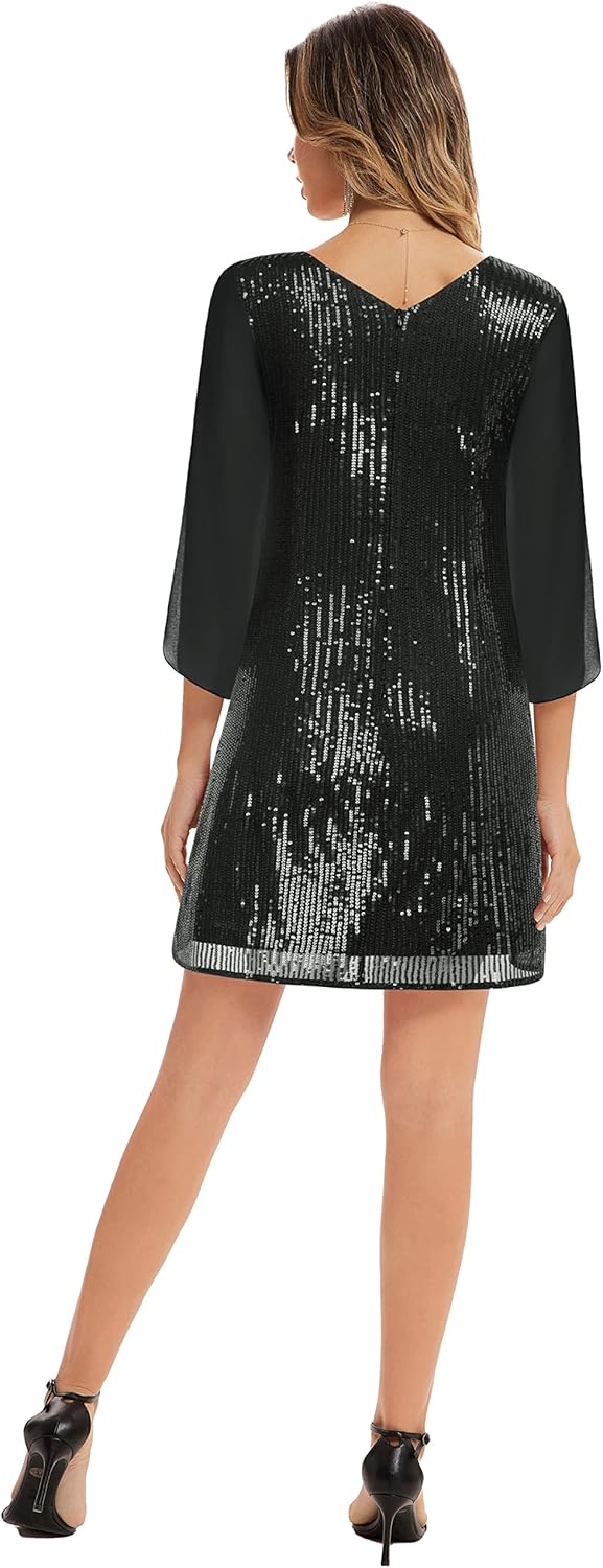 GRACE KARIN Damen Pailletten Kleid 3/4 Ärmel Party Cocktailkleid Club Glitzer Kleid Vintage MidiKleid Festlich Abendkleid