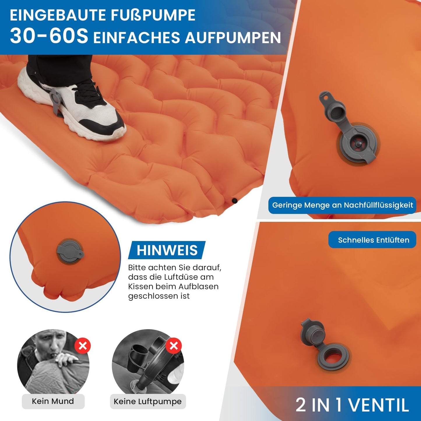 KingCamp Camping Isomatte Selbstaufblasend mit Fußpumpe, Luftmatratze 1 Personen mit integrierten Kopfkissen Outdoor Ultraleichte Campingmatte kleines Packmass, für Camping, Wandern, Trekking