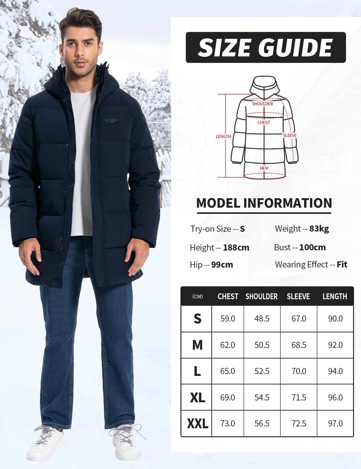 Pioneer Camp Men's Winter Jacket Long Windproof Waterproof Warm Down Jacket Winter Outdoor Parka Jacket with Hood