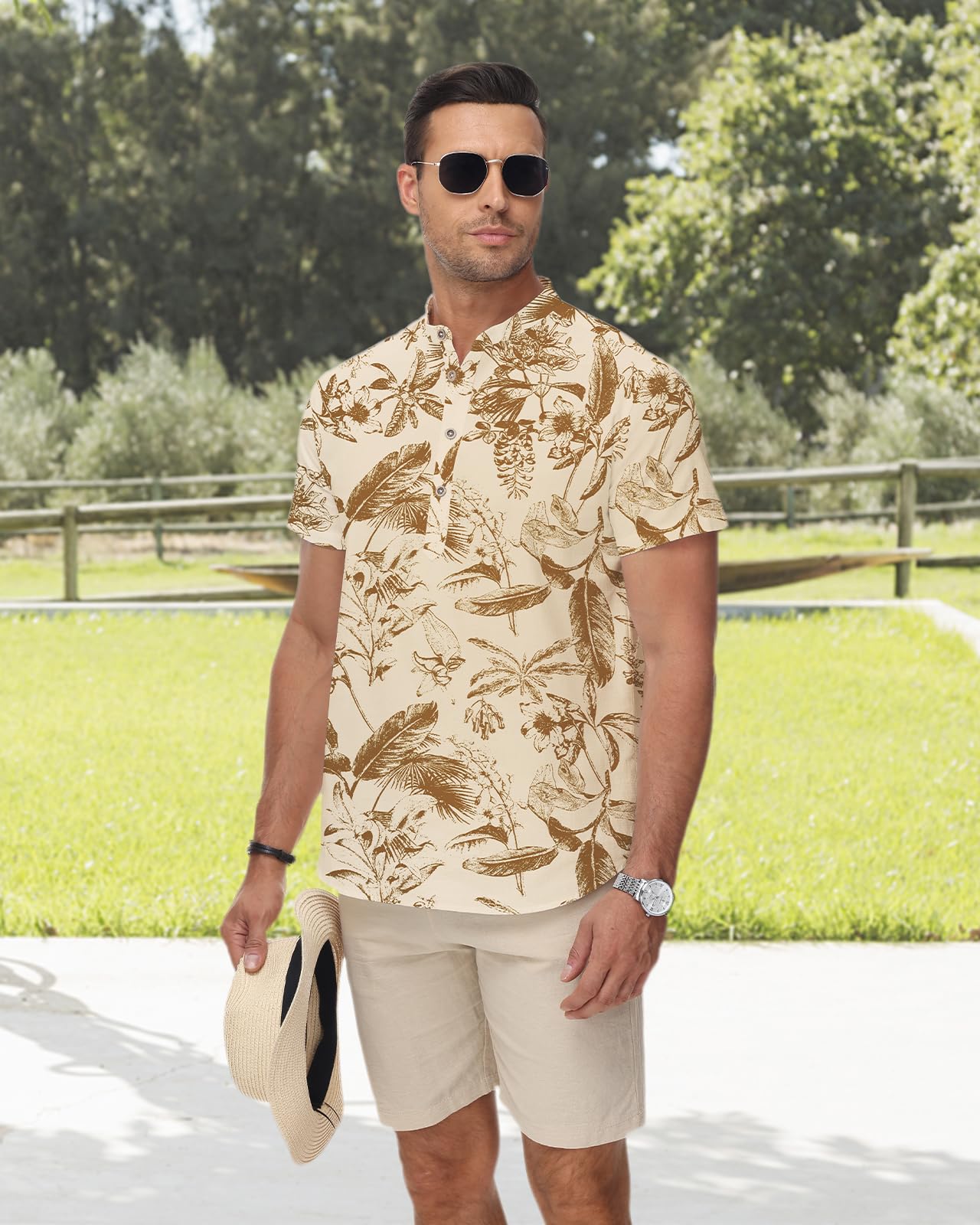 HMIYA Herren Sommerhemd Baumwolle Leinen Kurzarm Hemd Herren Henley-Kragen Lässiges Regular Fit Shirts