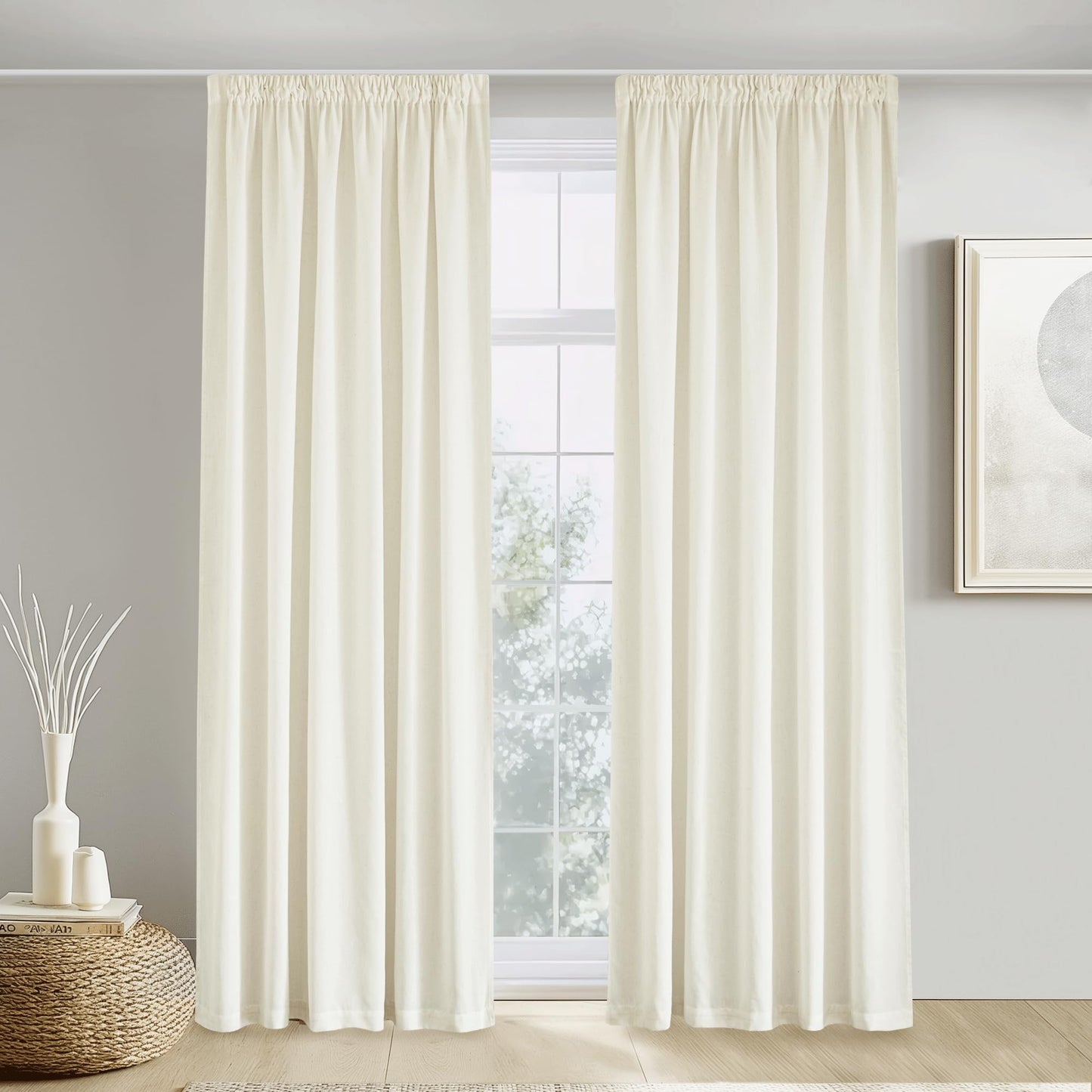 PONY DANCE Leinenvorhang Kräuselband Wohnzimmer Vorhänge Boho 2er Set H 245 x B 140 cm Leinen Gardinen für Schienensystem Leinenoptik Vorhänge Halbtransparent Linen Curtains Living Room, Beige