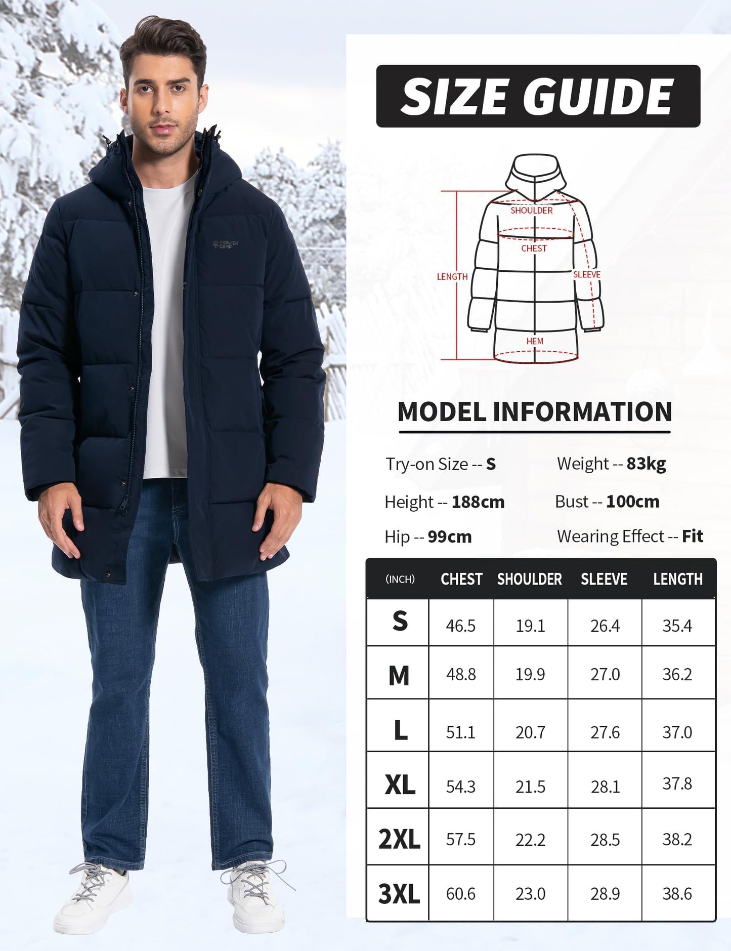 Pioneer Camp Men's Winter Jacket Long Windproof Waterproof Warm Down Jacket Winter Outdoor Parka Jacket with Hood