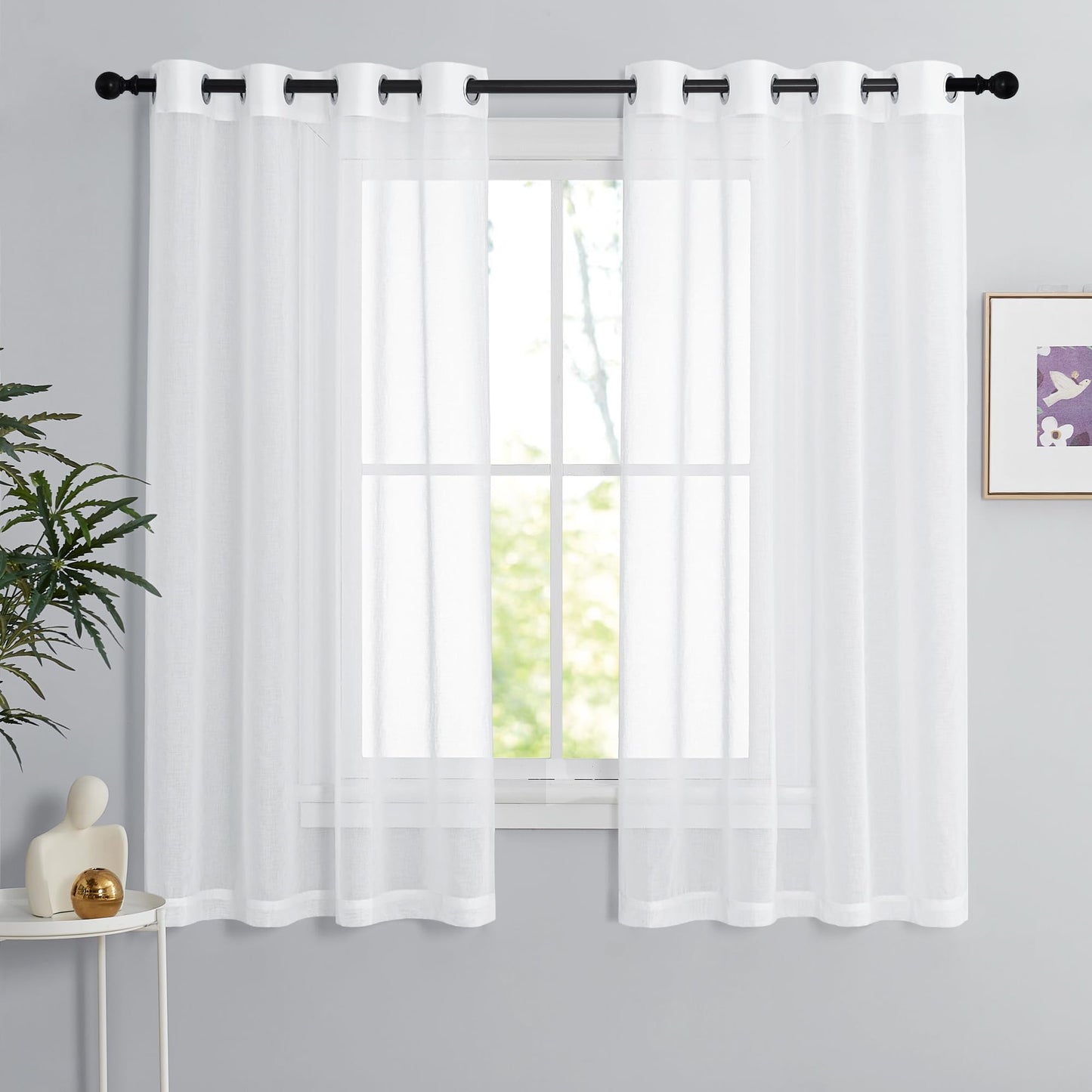 PONY DANCE Voile Gardinen Weiss Transparent Ösenvorhang 2er Set H 160 x B 140 cm Wohnzimmer Gardinen Kurz Durchlässige Vorhänge Weiß Vorhang Leinenoptik Schlafzimmer