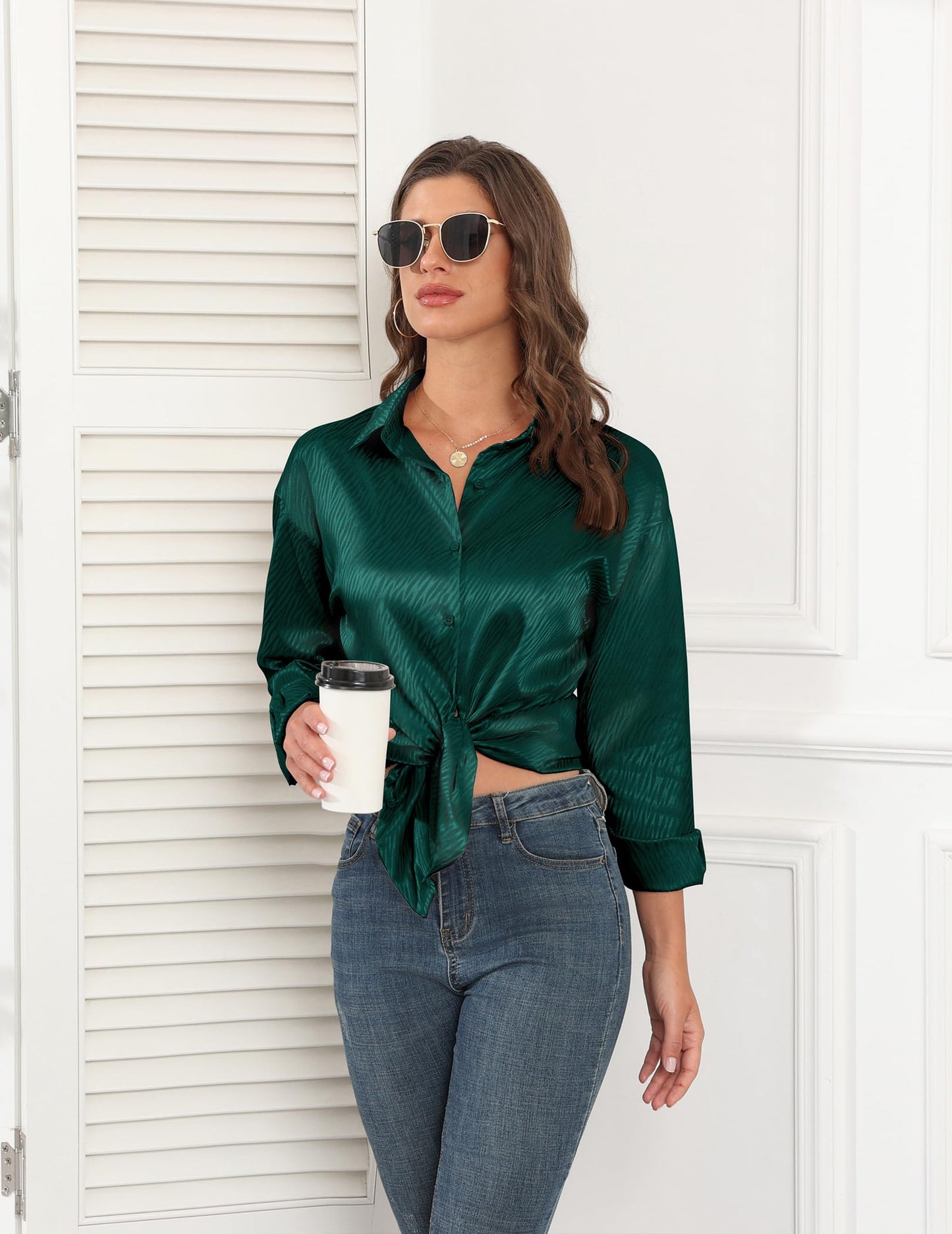 Beyove Damen Bluse Satin Seide V-Ausschnitt Hemden Elegant Langarm Business Oberteile mit Knöpfen Tops Lose Langarmshirt
