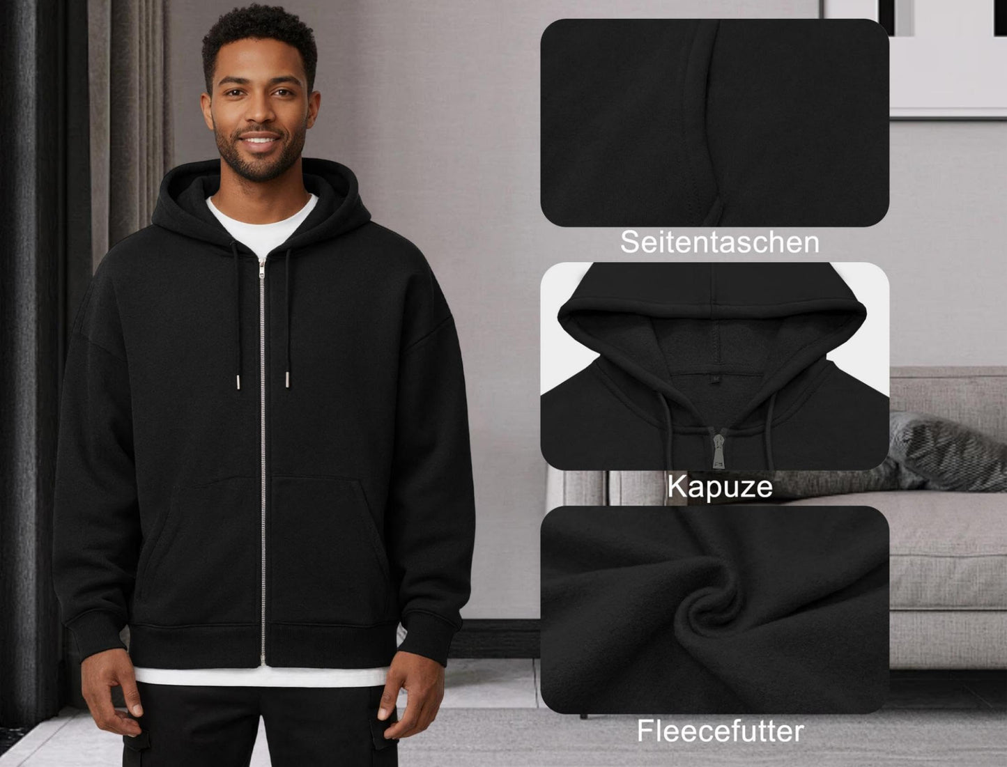 Oyamiki Hoodie Herren Langarm Kapuzenjacke Reißverschluss Sweatjacke Fleece Kapuzenpullover Lässige Kapuze Jacke Sweatshirt Pullover mit Taschen