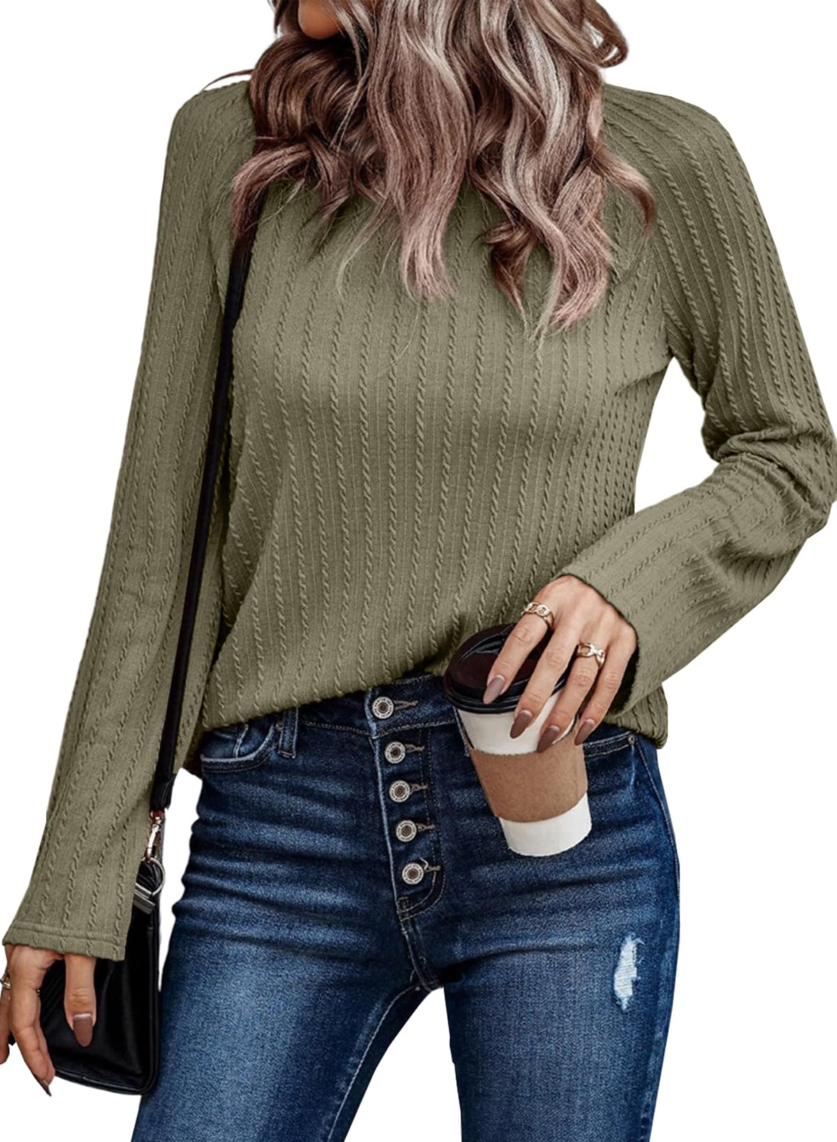 Dokotoo Langarmshirt Damen Rundhals Strickmuster T-Shirt Basic Longsleeve Shirts Herbst Winter Leichte Lässige Oberteile Tunika Pullover S-XXL