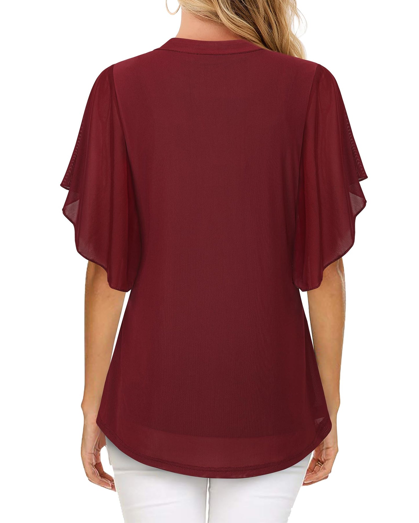 Vafoly Bluse Damen Elegant Kurzarm Sommer Tunika V-Ausschnitt Mesh Oberteil Blumen Doppellagige Tunika