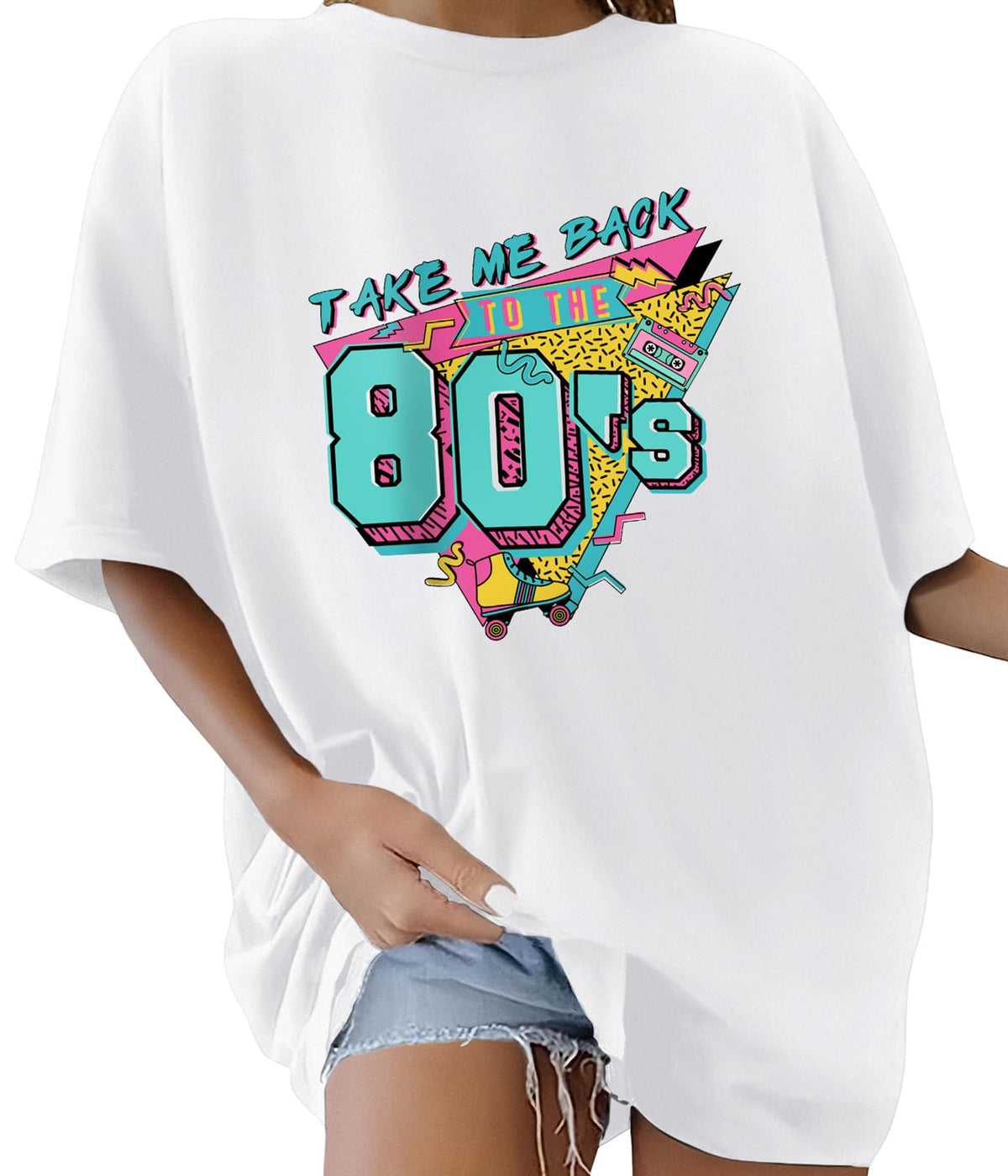 Lonya T Shirt Damen Oversized Vintage Rundhals Kurzarm 80er Jahre Brief Gedruckt Schleife Blumen Sonne Mond Muster Sommer Bluse Baumwolle Oberteile Tops Retro 80s Casual Lockere Basic Tee Shirt