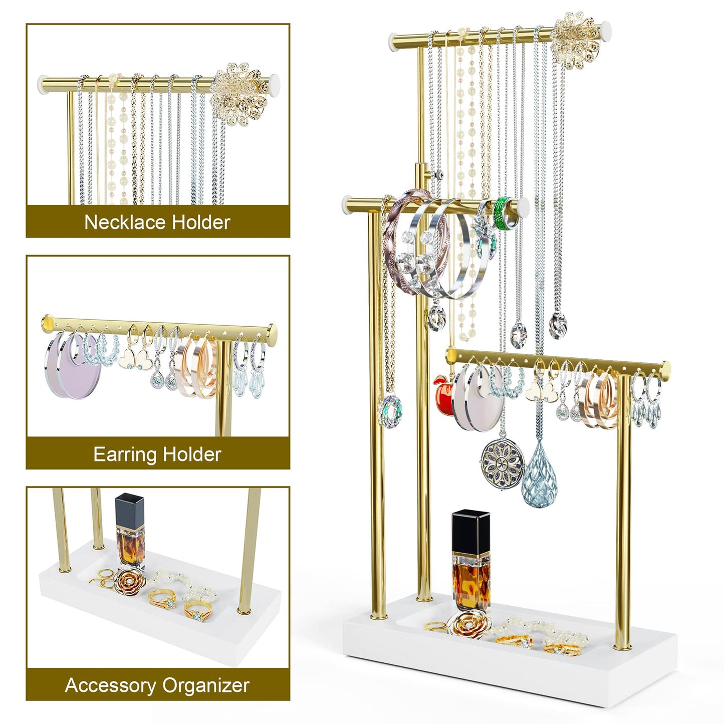 SRIWATANA Schmuckständer Holz Schmuckhalter Kettenhalter 3 Stäbe Drehbar (51cm) Schmuckbaum Schmuckaufbewahrung für Ketten Ohrringen Ringen Uhren und Armbändern