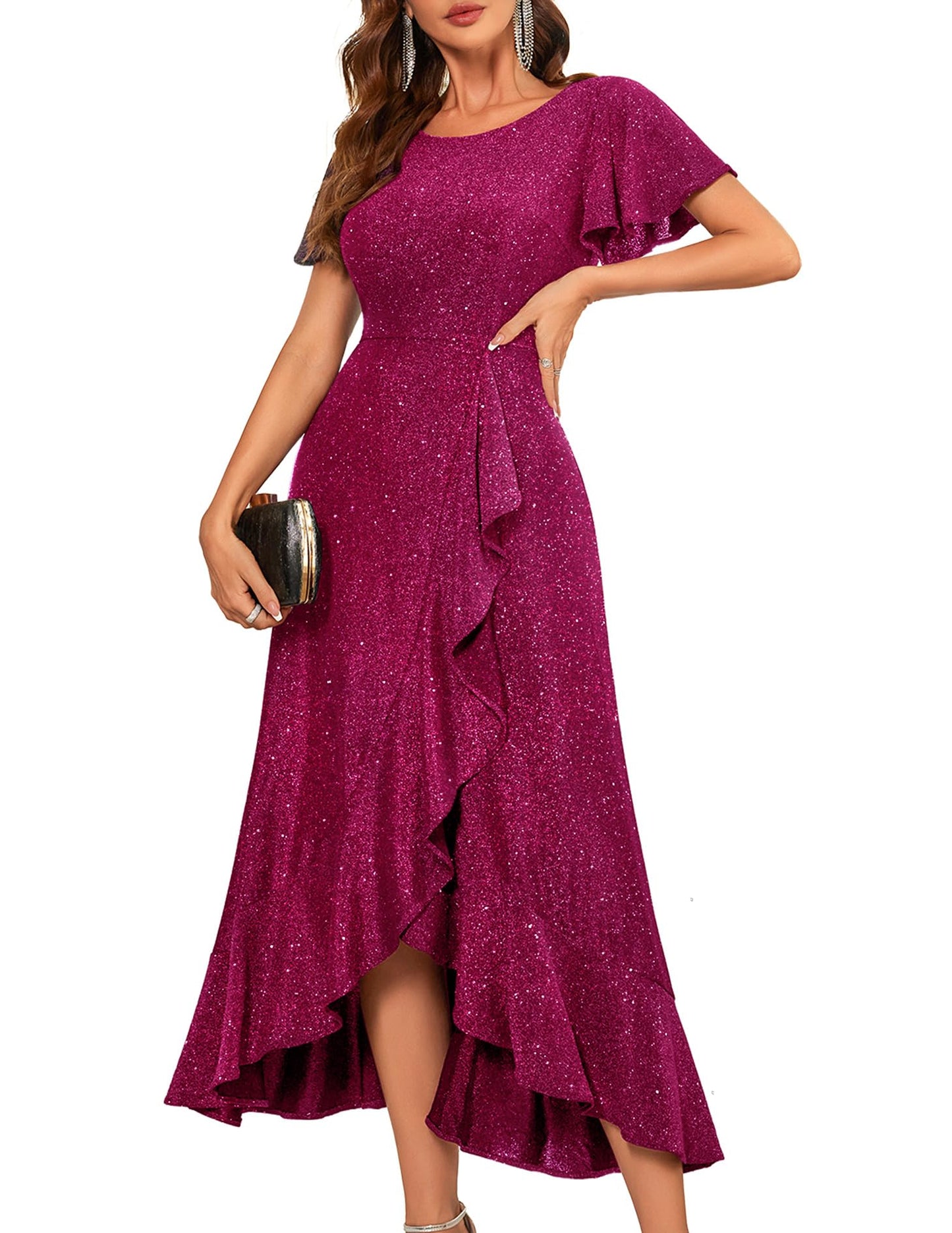 Berylove Damen Abendkleid Lang Glitzer Ballkleid mit Rüschen Saum Kleid Festliche Kleider für Hochzeit Partykleid