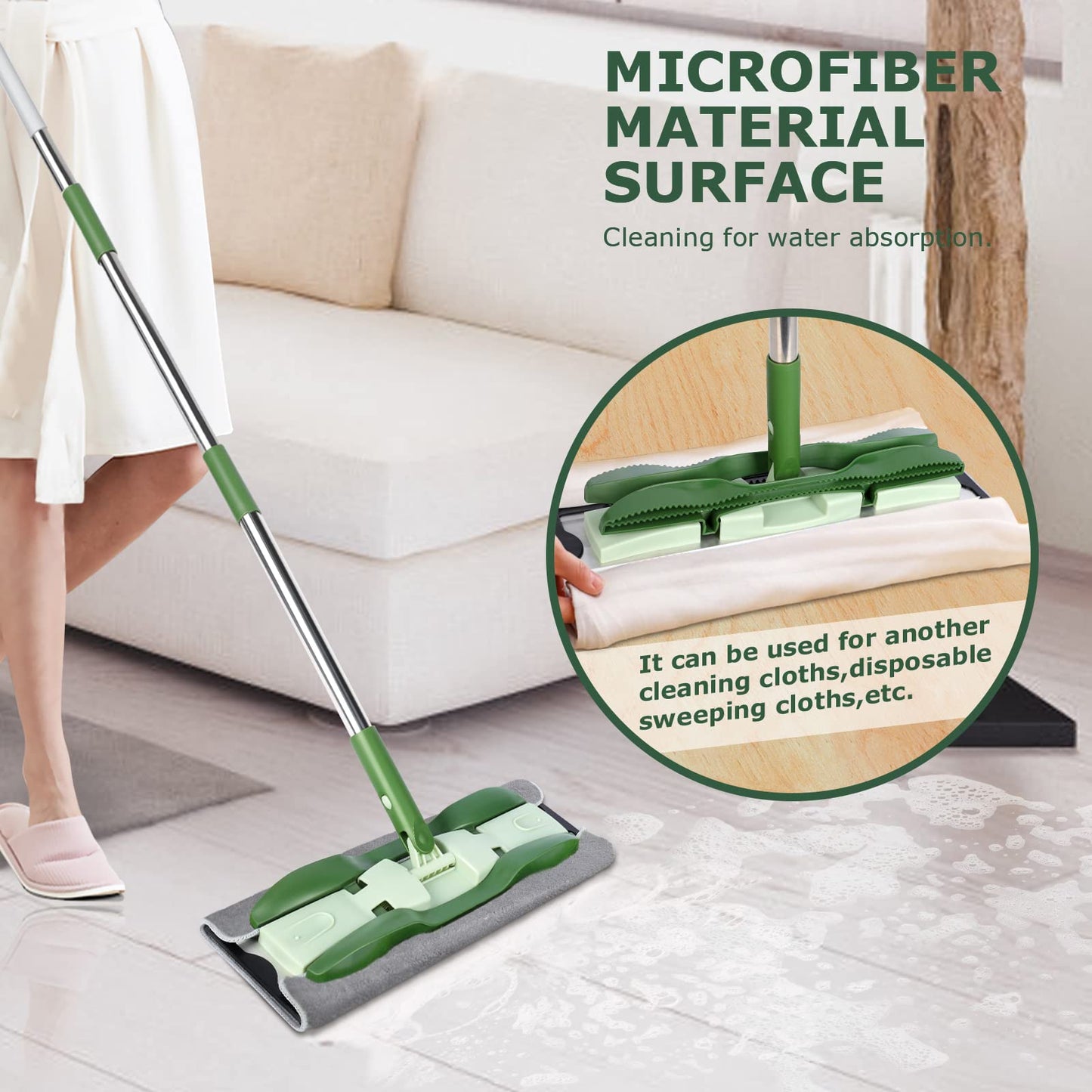 Masthome Wischmopp Bodenwischer Bodenreiniger,Mikrofaser Mopp mit 128cm Teleskopstiel,Wischer Boden Flachmopp mit 4 Moppads für Hartholz,Laminat,Fliesen,Marmor,Send Scraping Dust