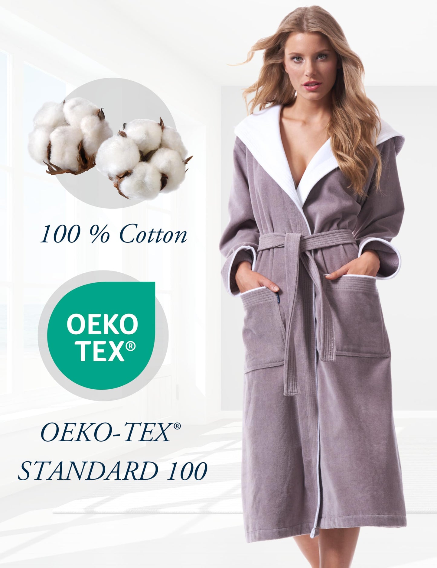 Morgenstern Bademantel Damen 100% Baumwolle mit Kapuze Frottee-Velours OEKO-TEX Leonie