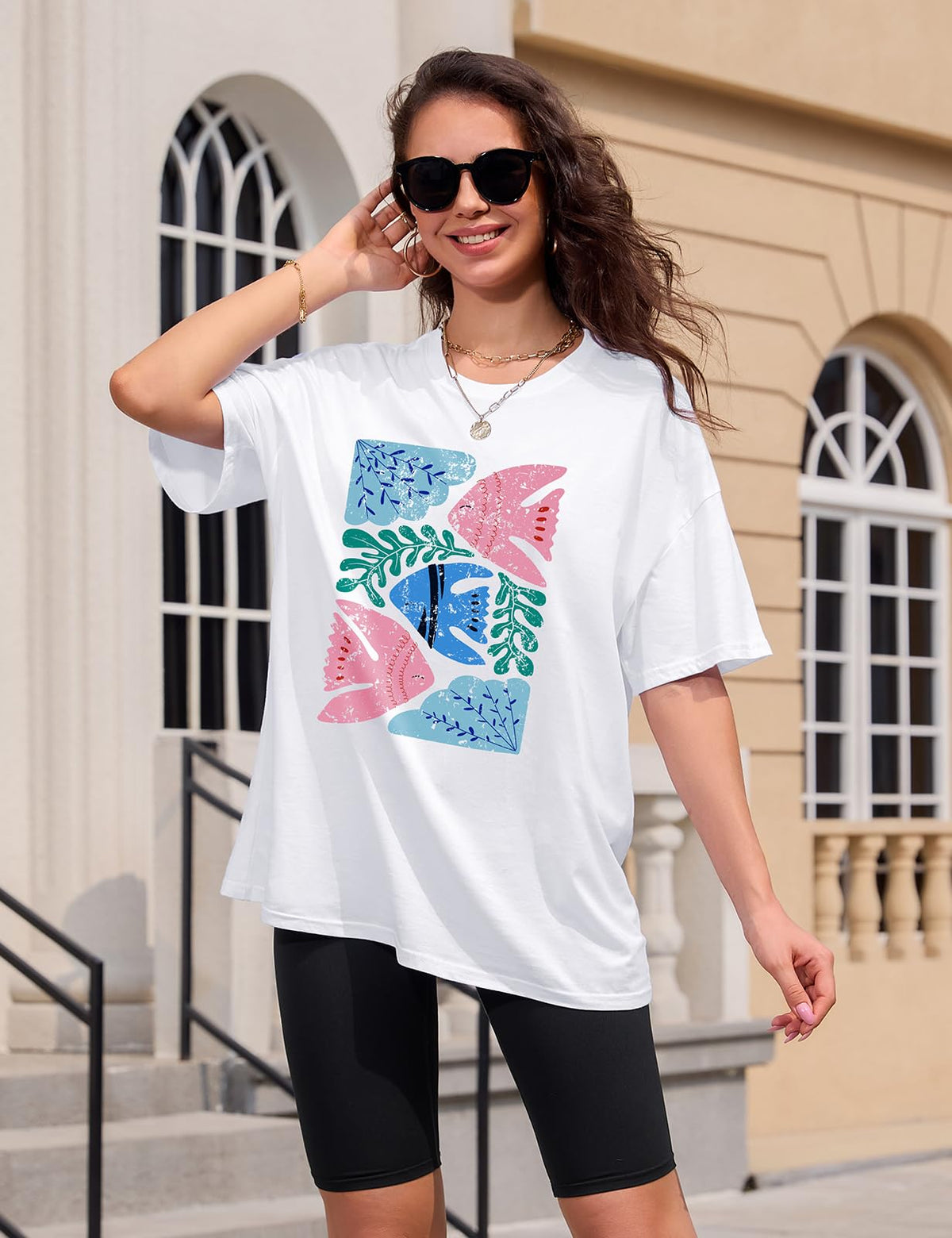Lonya T Shirt Damen Oversized Vintage Rundhals Kurzarm 80er Jahre Brief Gedruckt Schleife Blumen Sonne Mond Muster Sommer Bluse Baumwolle Oberteile Tops Retro 80s Casual Lockere Basic Tee Shirt
