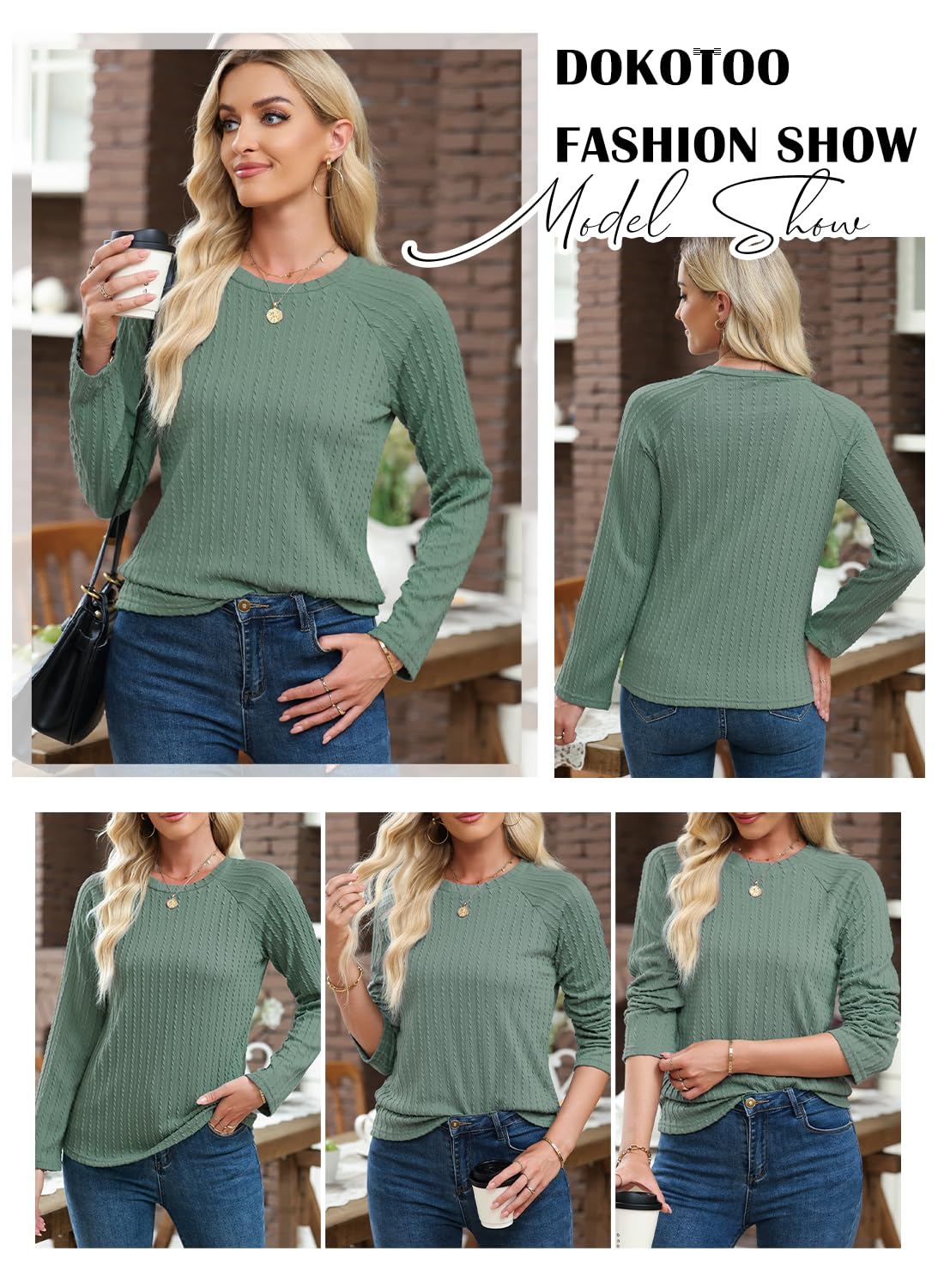 Dokotoo Langarmshirt Damen Rundhals Strickmuster T-Shirt Basic Longsleeve Shirts Herbst Winter Leichte Lässige Oberteile Tunika Pullover S-XXL