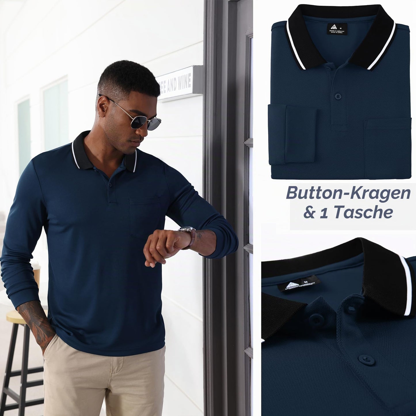 JACKETOWN 3er Pack Poloshirt Herren Langarm Atmungsaktiv Poloshirt Set Knopfkragen Arbeitshemd Golf Polohemd Frühling Herbst Arbeits T Shirt mit Tasche