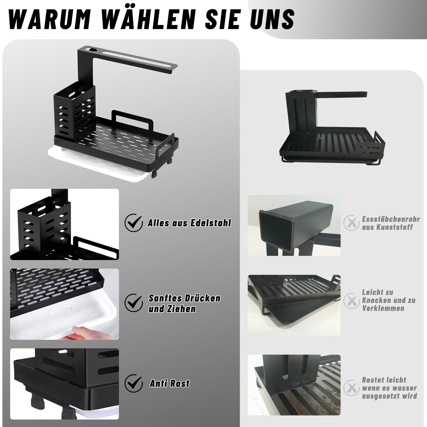 Shunfaji Spülbecken Organizer Spülbecken Caddy Organizer Edelstahl Utensilien Korb für Küche & Badezimmer mit Abflusspfanne, Klebstoff Arbeitsplatte Dual-Use Schwamm Bürste Seifenschale Halter