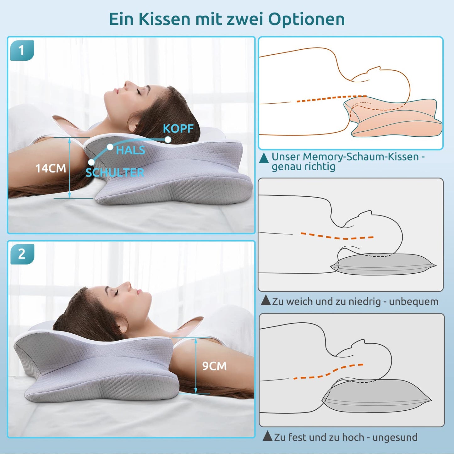DONAMA Memory Foam Kissen ergonomisches Nackenkissen Kopfkissen Seitenschläferkissen für Seiten, Rücken & Bauchschläfer