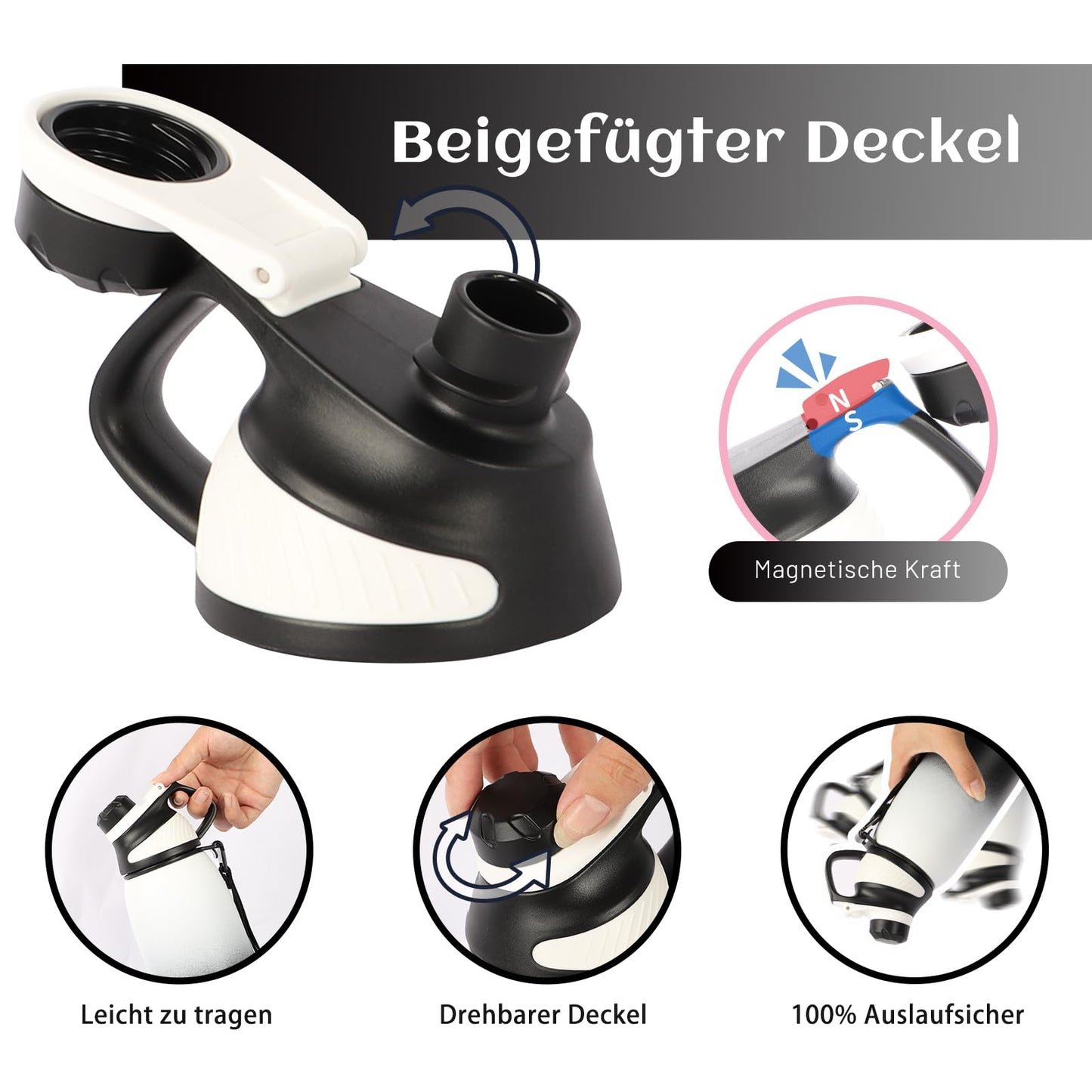 Fjbottle Edelstahl Trinkflasche Sport mit Magnetischem Deckel 1L, 800ml, 600ml, 400ml BPA-Frei Auslaufsichere Kinder Flasche - Kohlensäure geeignet 1500ML Wasserflasche Thermo für Schule, Fitness