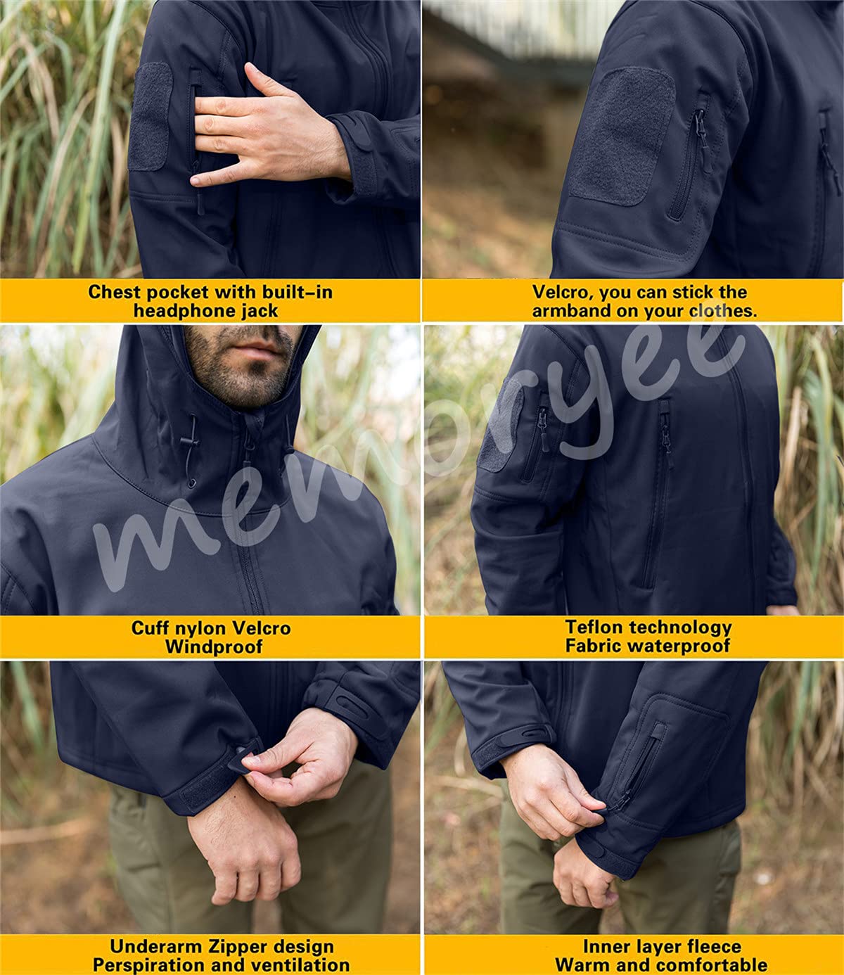 Memoryee Men's Waterproof Softshell Jackets, Warm Military Outdoor Tactical Hoodies, Camouflage Coat