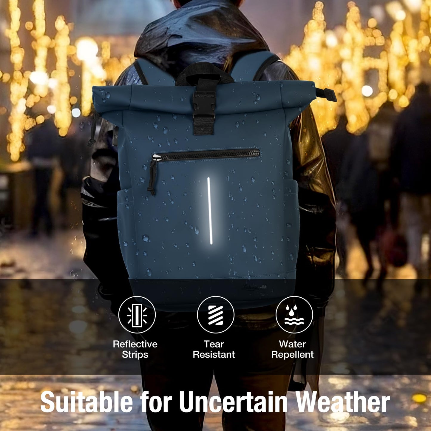 Lekeinchi Rolltop Rucksack Wasserdicht für Damen & Herren, Großer Laptop Rucksack mit Computerfach für 17 Zoll Laptop, Elegant Reiserucksack Daypack für Reisen, Radfahren, Uni Schule, Arbeit-Blau